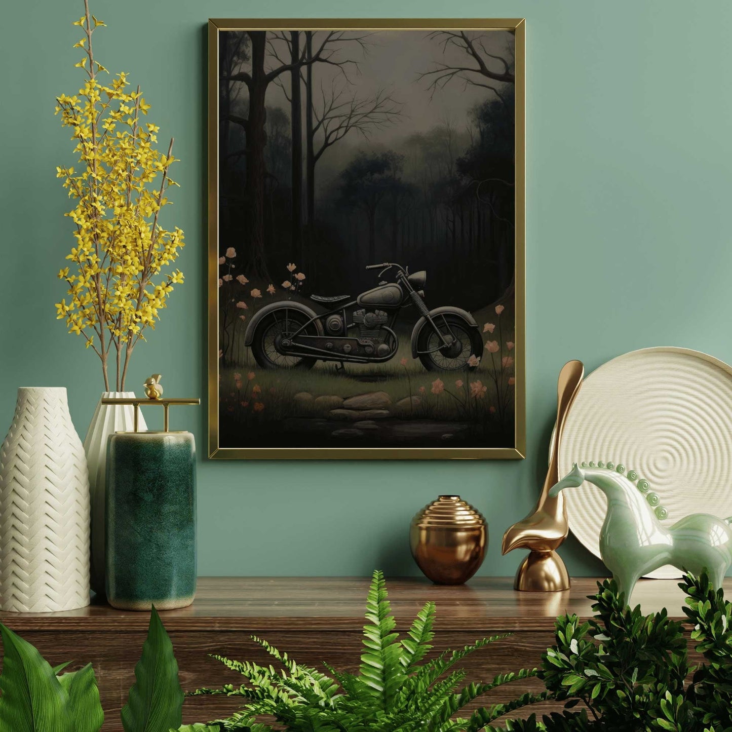 Vintage Motorcycle Prints, Floral Wall Art, Dark Vehicle Decor - WildfieldPrints