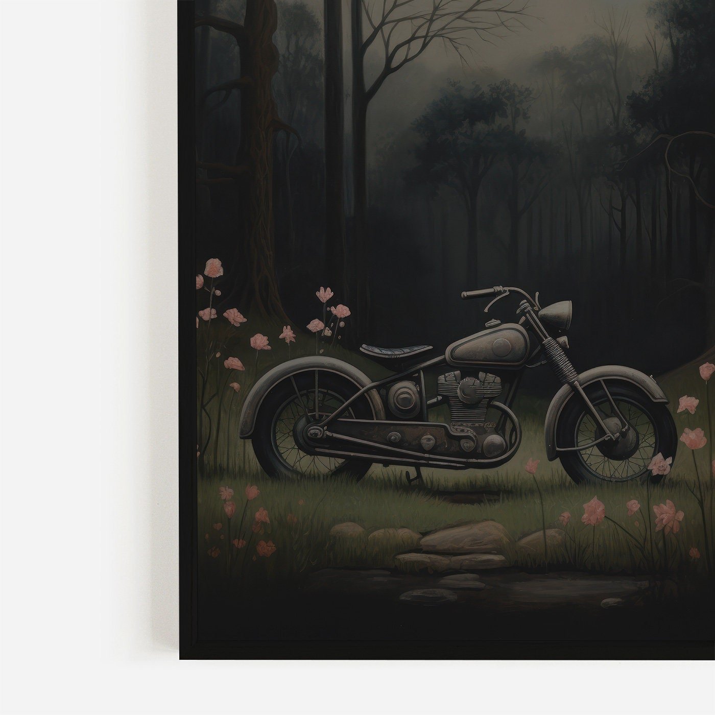 Vintage Motorcycle Prints, Floral Wall Art, Dark Vehicle Decor - WildfieldPrints