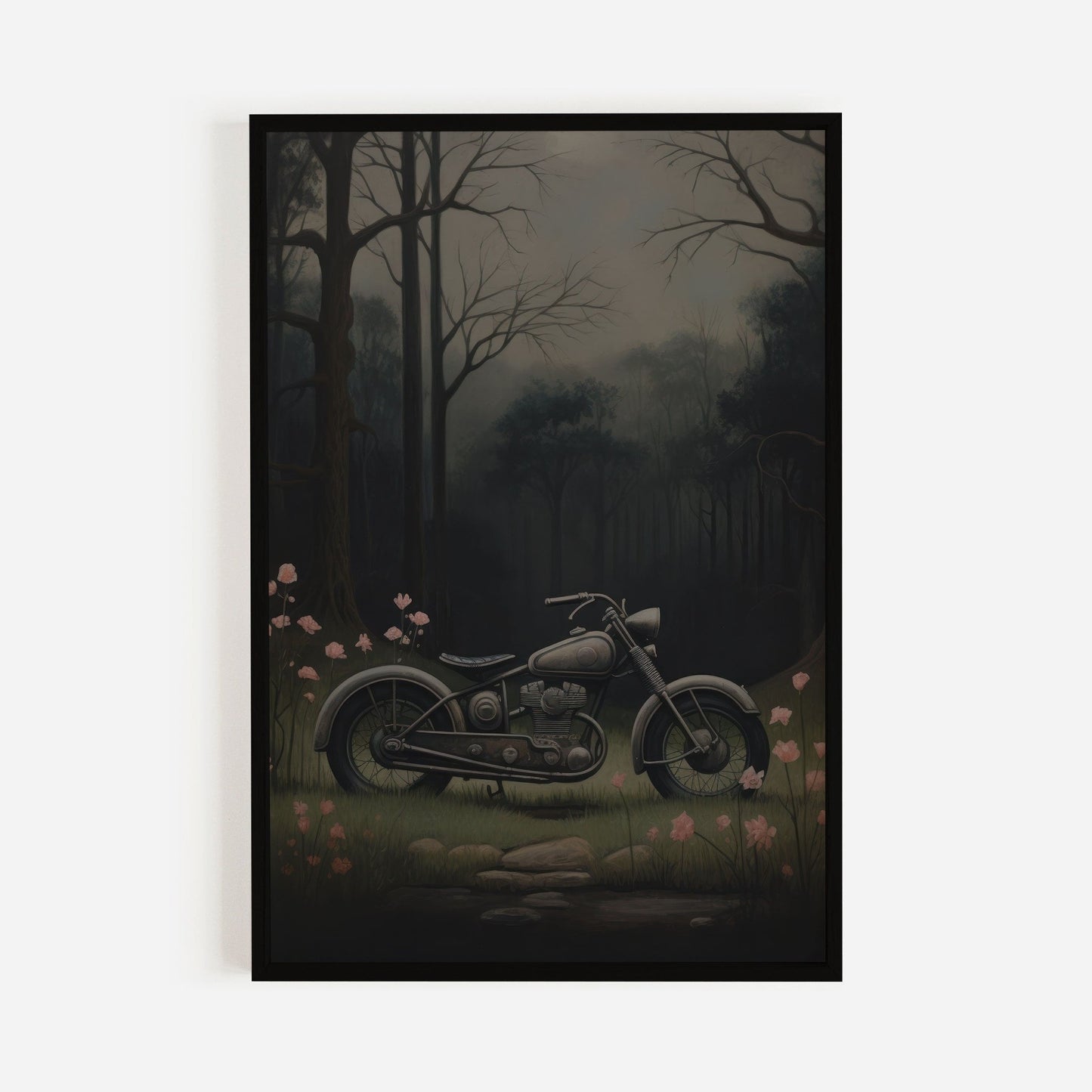 Vintage Motorcycle Prints, Floral Wall Art, Dark Vehicle Decor - WildfieldPrints