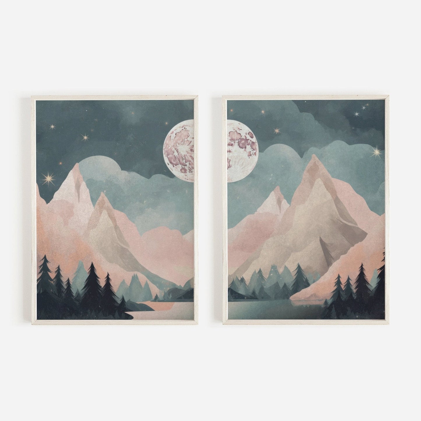 Vintage Mountain & Forest Landscapes, Boho Wall Art, Teal & Pink - WildfieldPrints