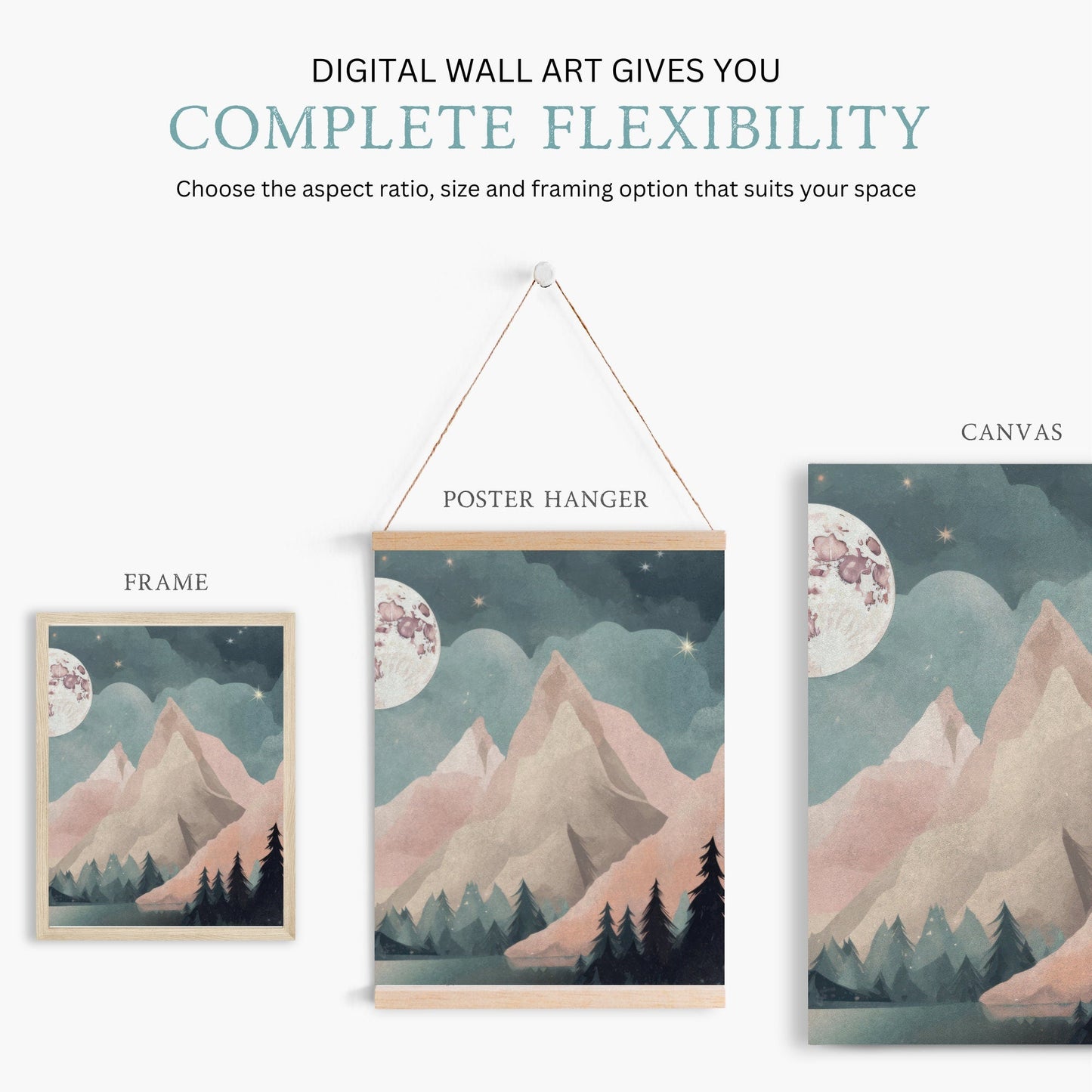 Vintage Mountain & Forest Landscapes, Boho Wall Art, Teal & Pink - WildfieldPrints
