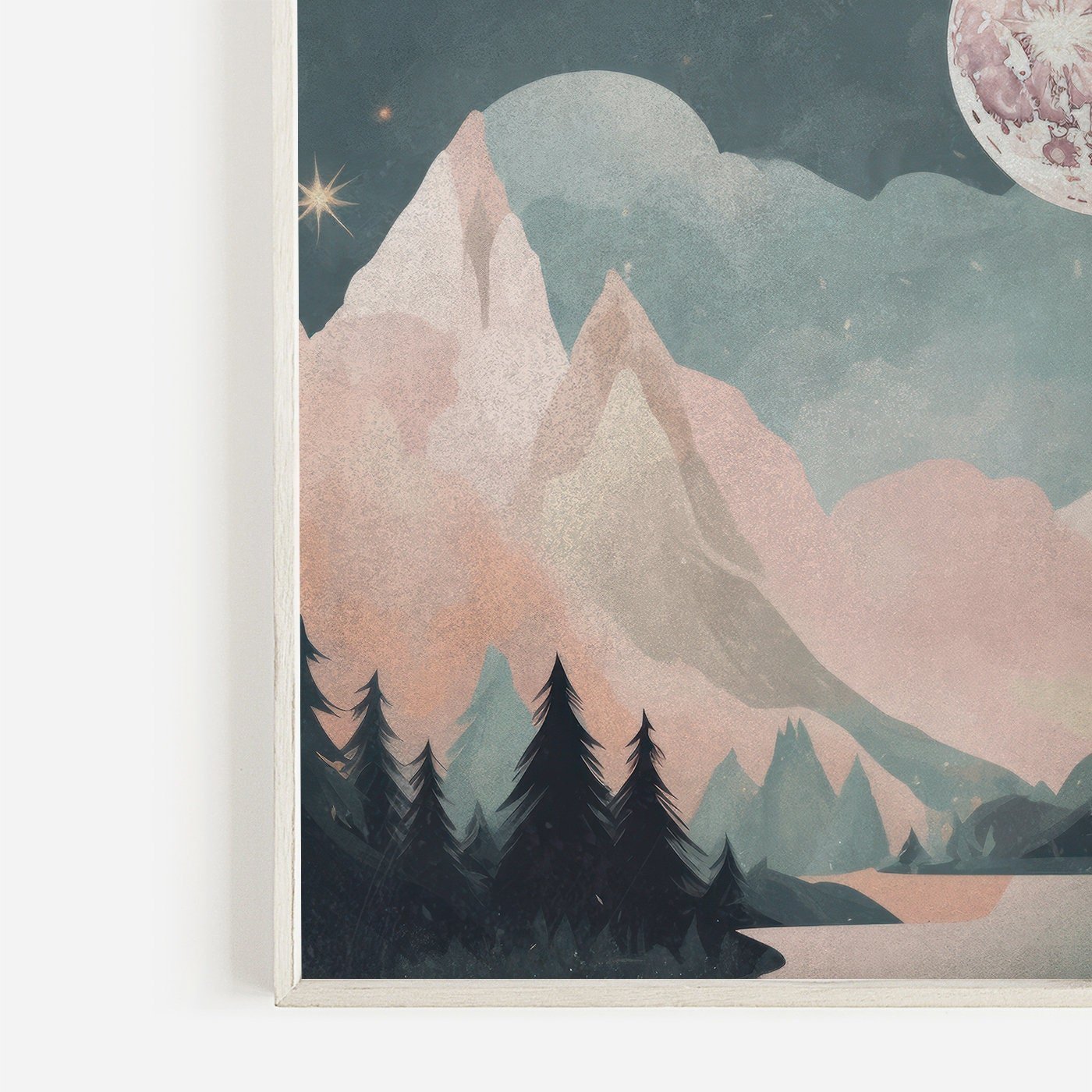 Vintage Mountain & Forest Landscapes, Boho Wall Art, Teal & Pink - WildfieldPrints