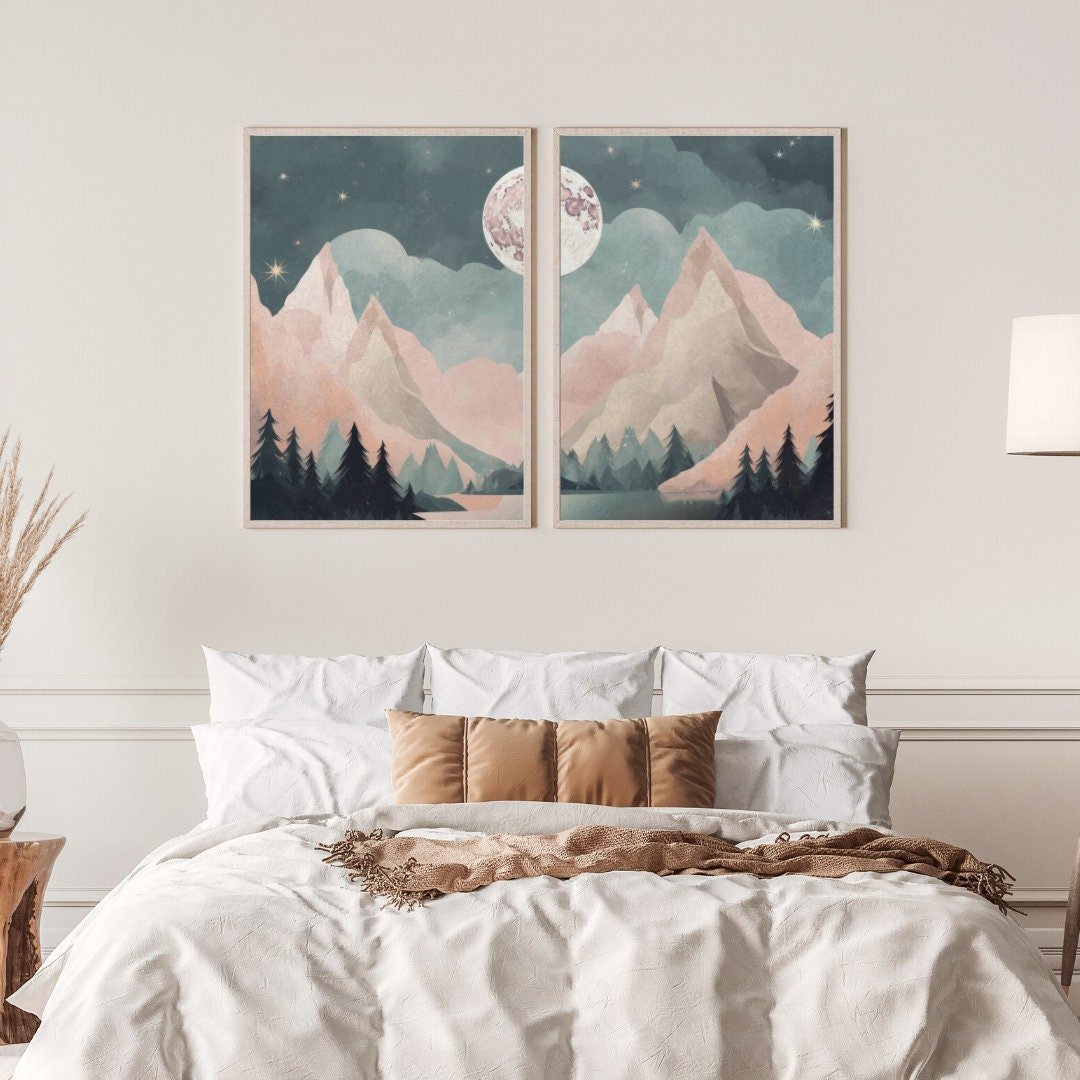 Vintage Mountain & Forest Landscapes, Boho Wall Art, Teal & Pink - WildfieldPrints