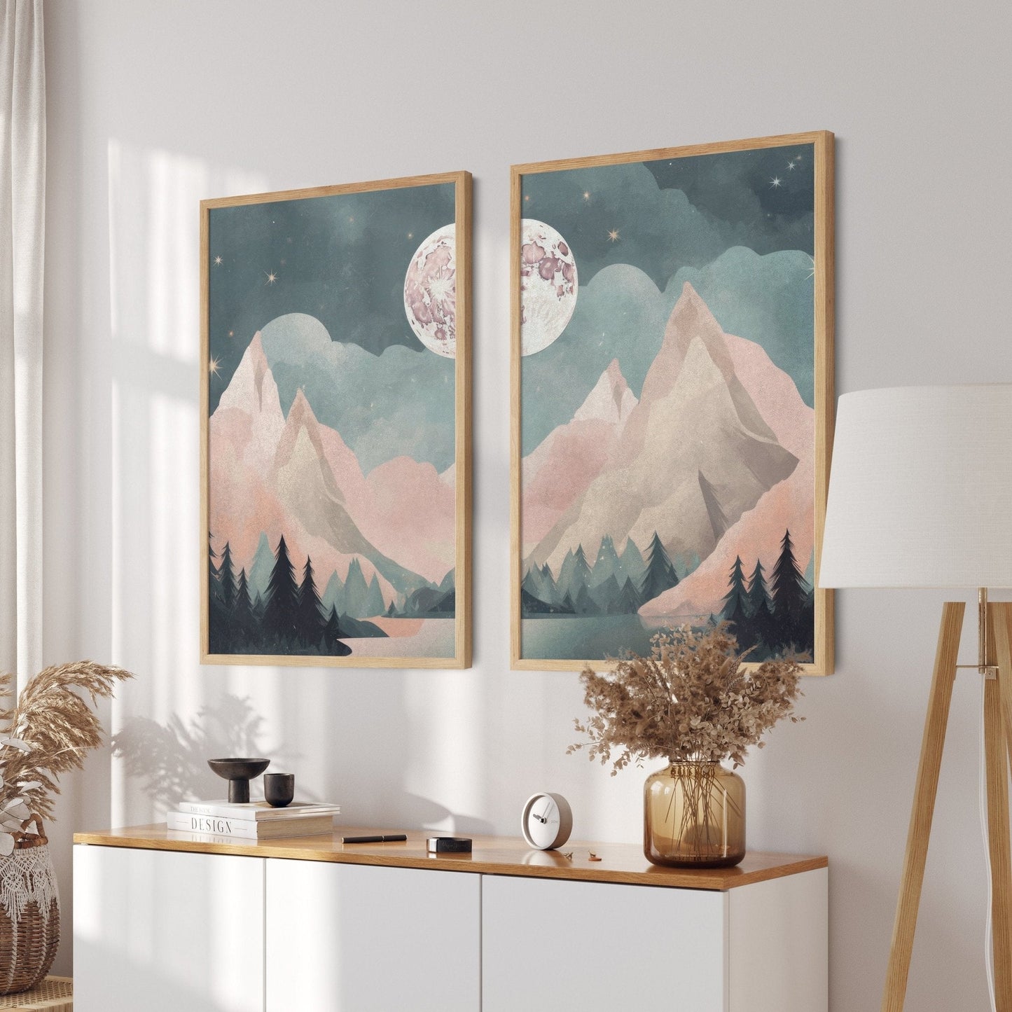 Vintage Mountain & Forest Landscapes, Boho Wall Art, Teal & Pink - WildfieldPrints
