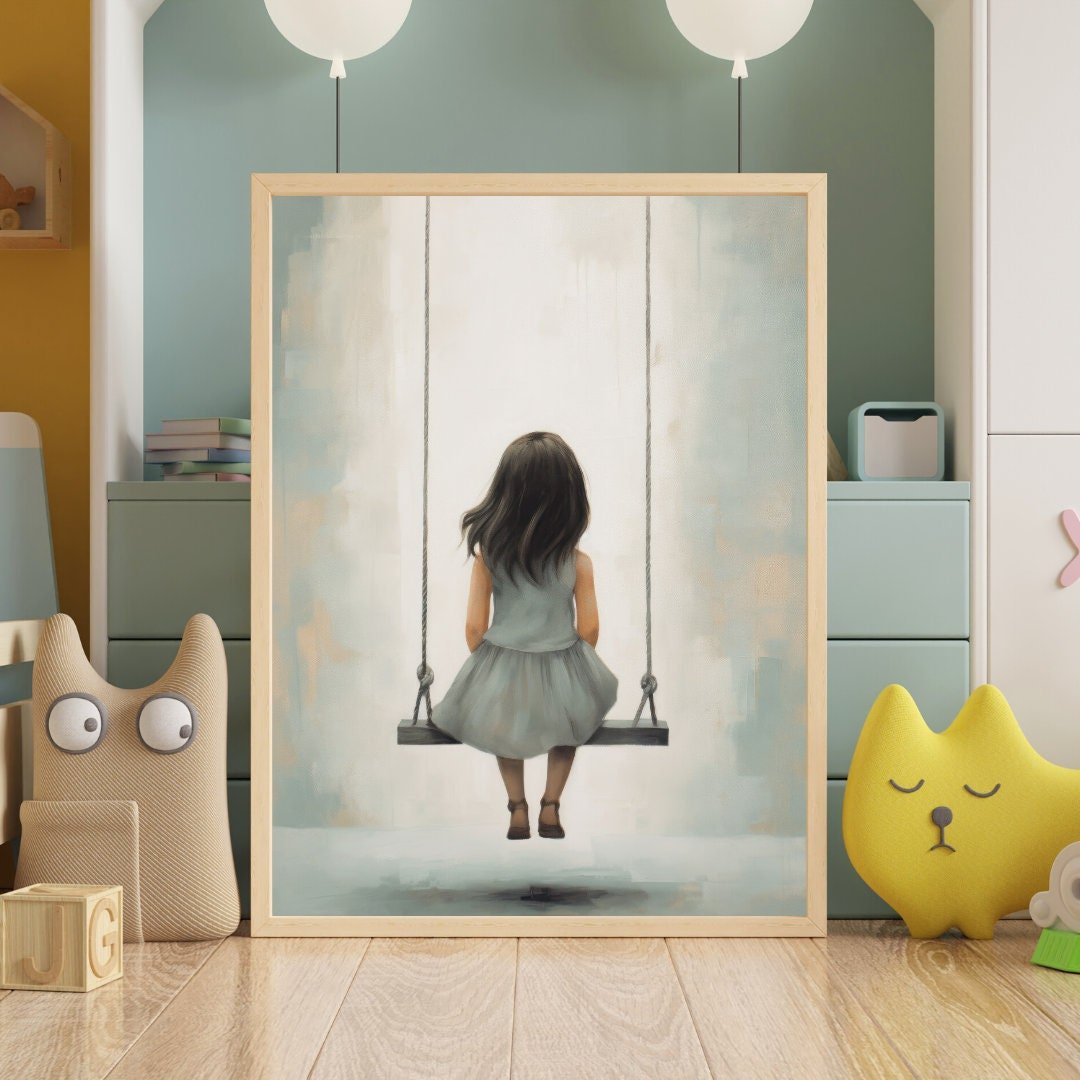 Vintage Nursery Art, Little Girl on Swing, Rustic Kids Room Decor - WildfieldPrints