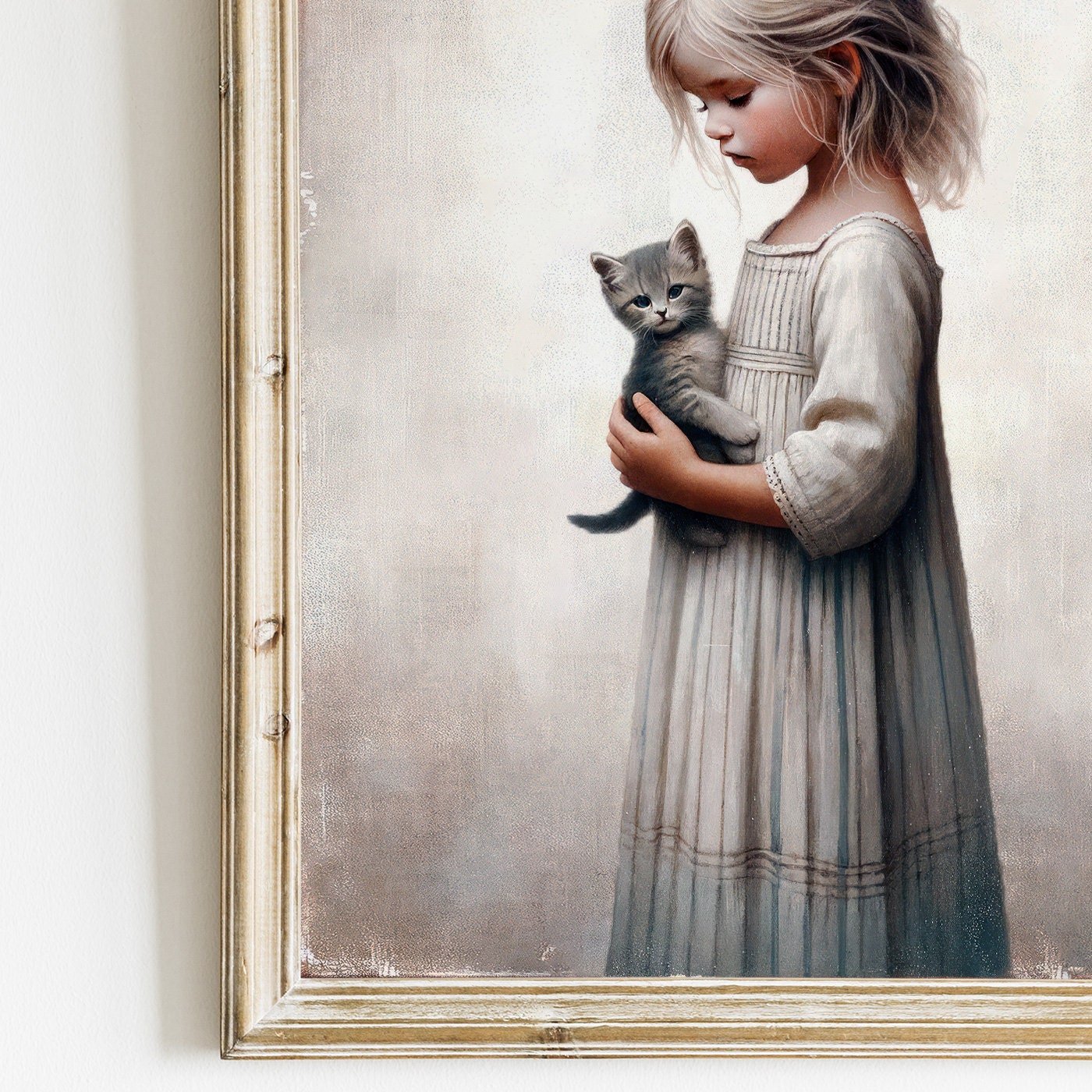 Vintage Nursery Wall Art, Cat and Girl, Rustic Decor for Kids - WildfieldPrints