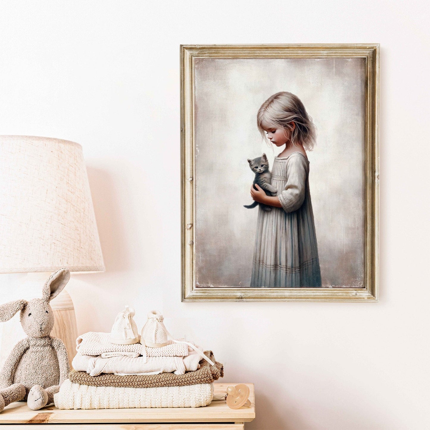Vintage Nursery Wall Art, Cat and Girl, Rustic Decor for Kids - WildfieldPrints