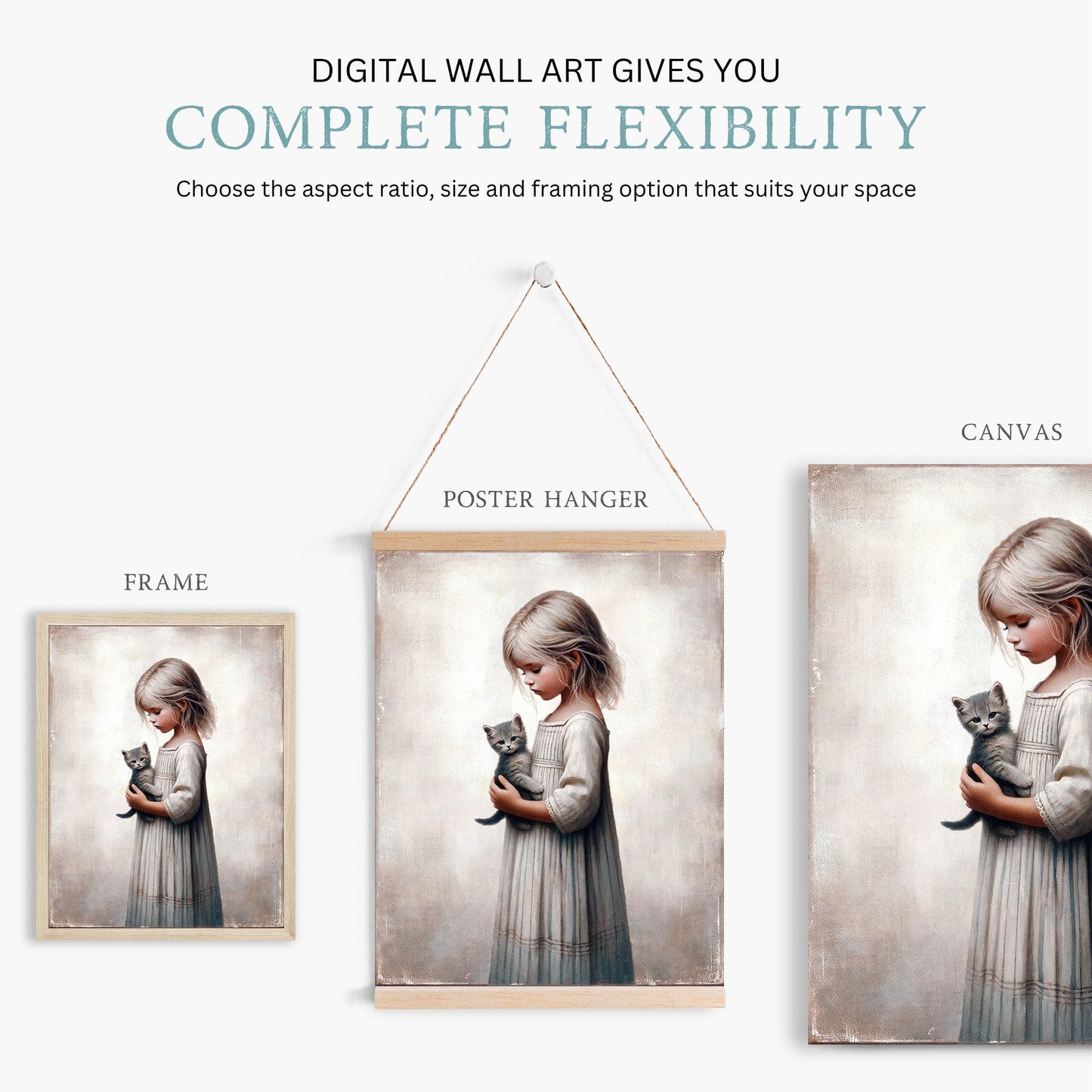 Vintage Nursery Wall Art, Cat and Girl, Rustic Decor for Kids - WildfieldPrints