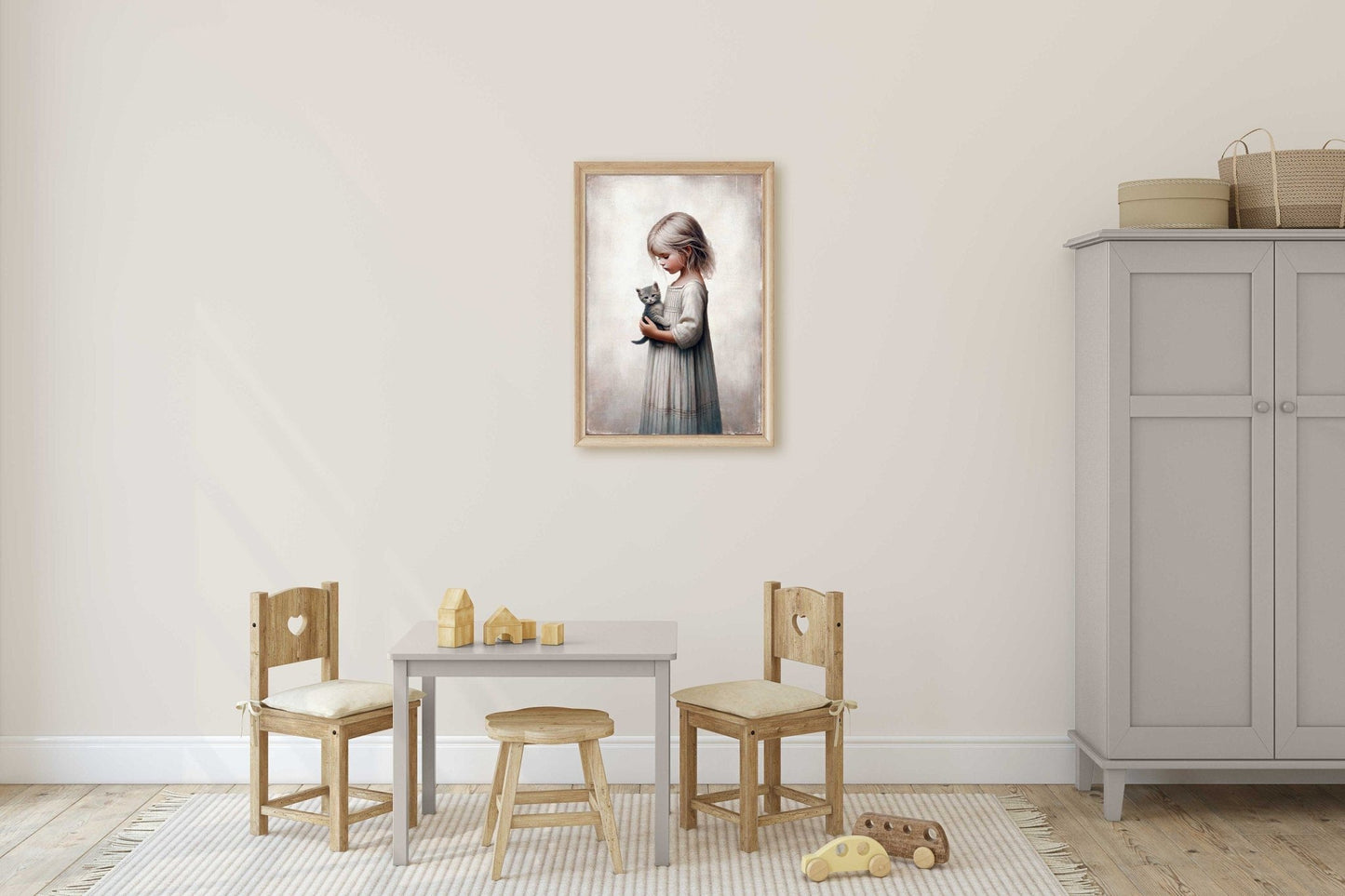 Vintage Nursery Wall Art, Cat and Girl, Rustic Decor for Kids - WildfieldPrints