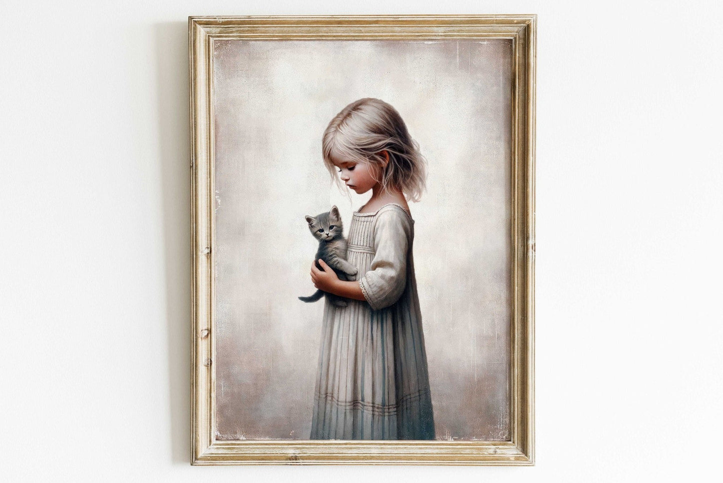 Vintage Nursery Wall Art, Cat and Girl, Rustic Decor for Kids - WildfieldPrints