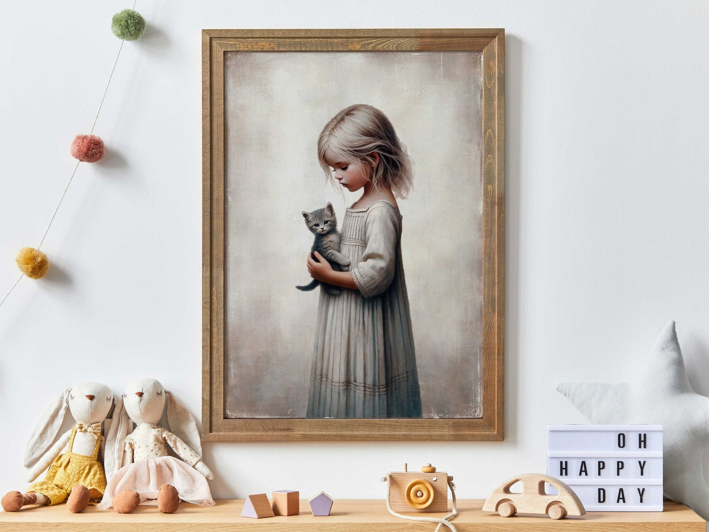 Vintage Nursery Wall Art, Cat and Girl, Rustic Decor for Kids - WildfieldPrints