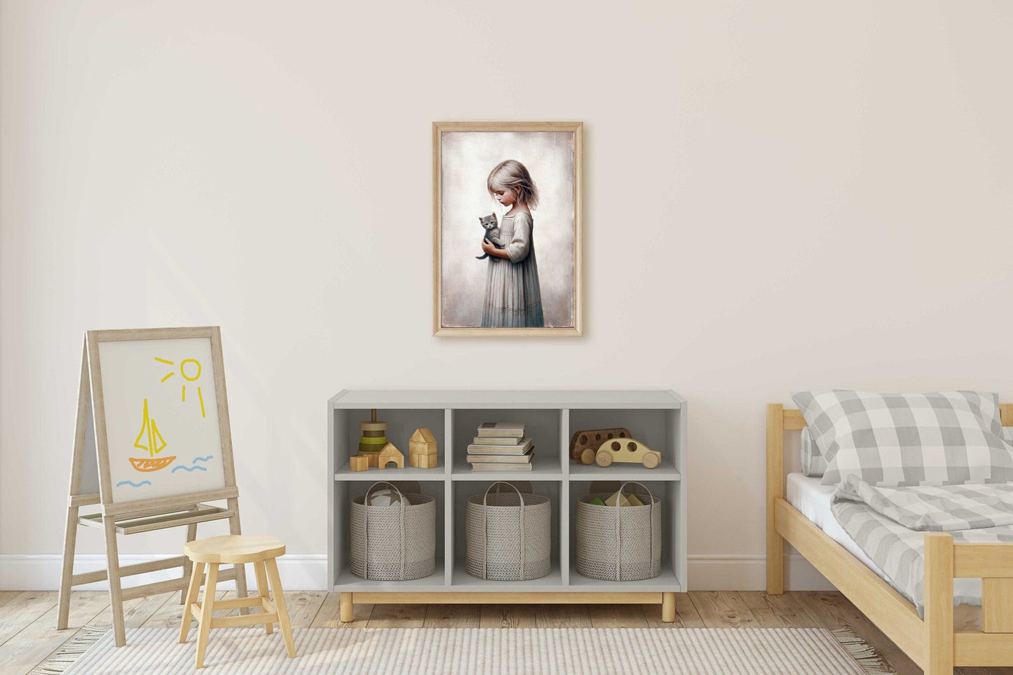 Vintage Nursery Wall Art, Cat and Girl, Rustic Decor for Kids - WildfieldPrints