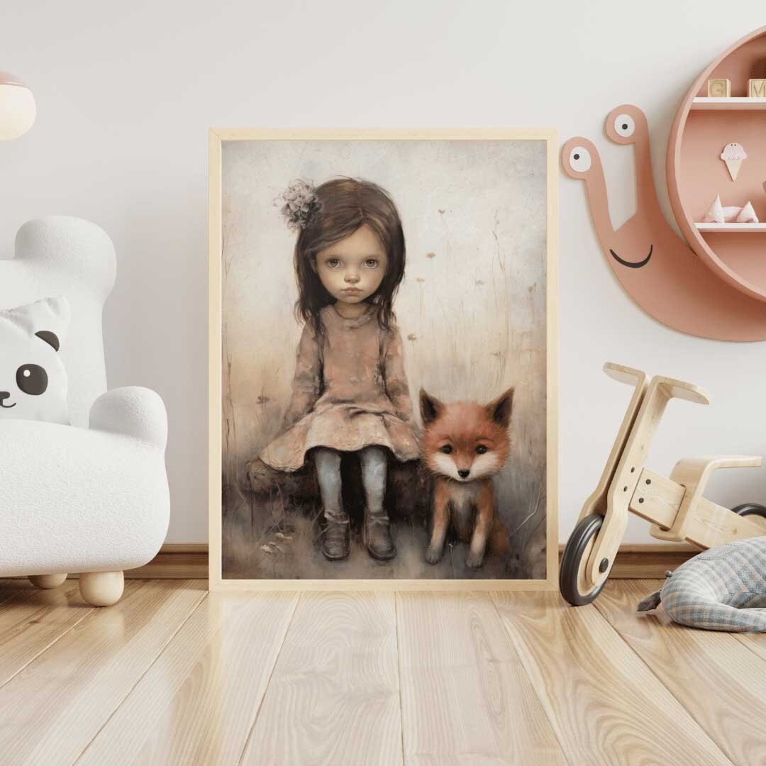 Vintage Nursery Wall Art, Fox Decor, Little Girl and Fox Print, Forest Animal Decor - WildfieldPrints
