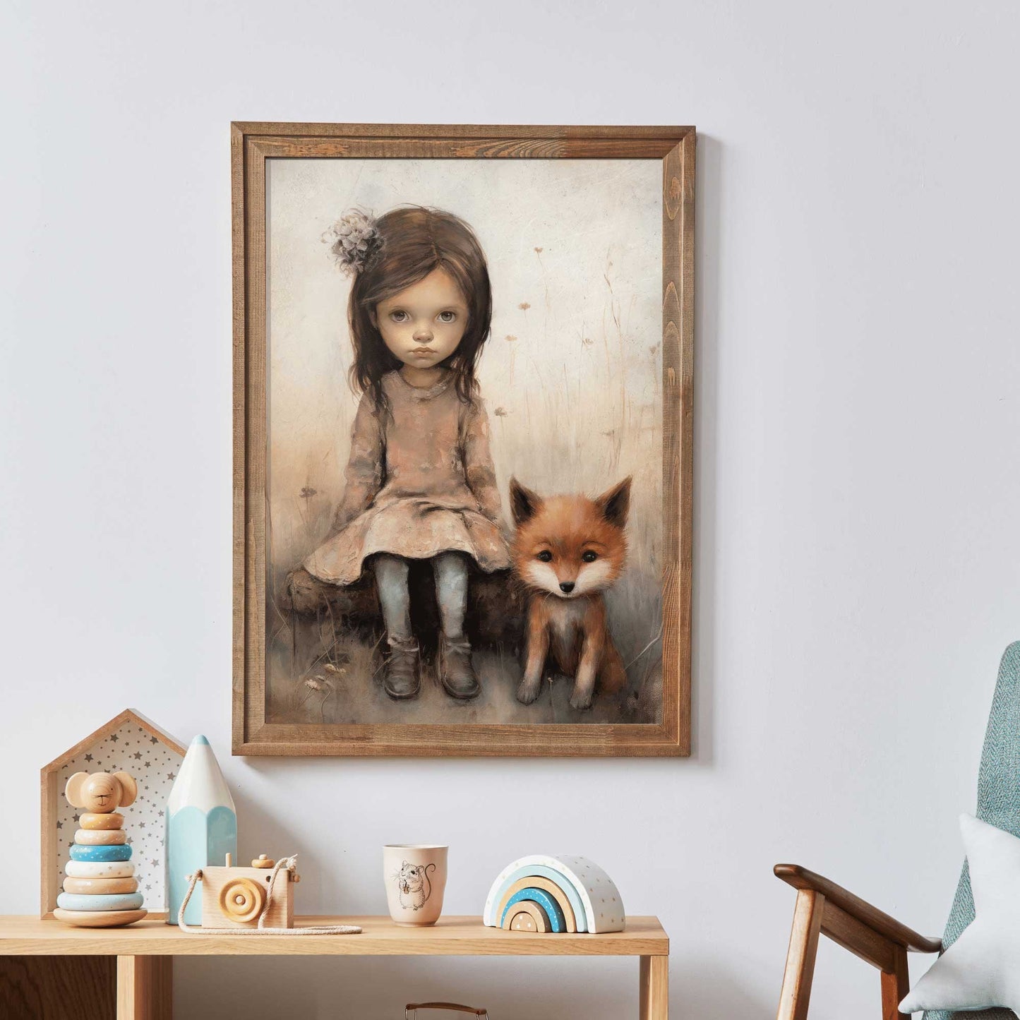 Vintage Nursery Wall Art, Fox Decor, Little Girl and Fox Print, Forest Animal Decor - WildfieldPrints