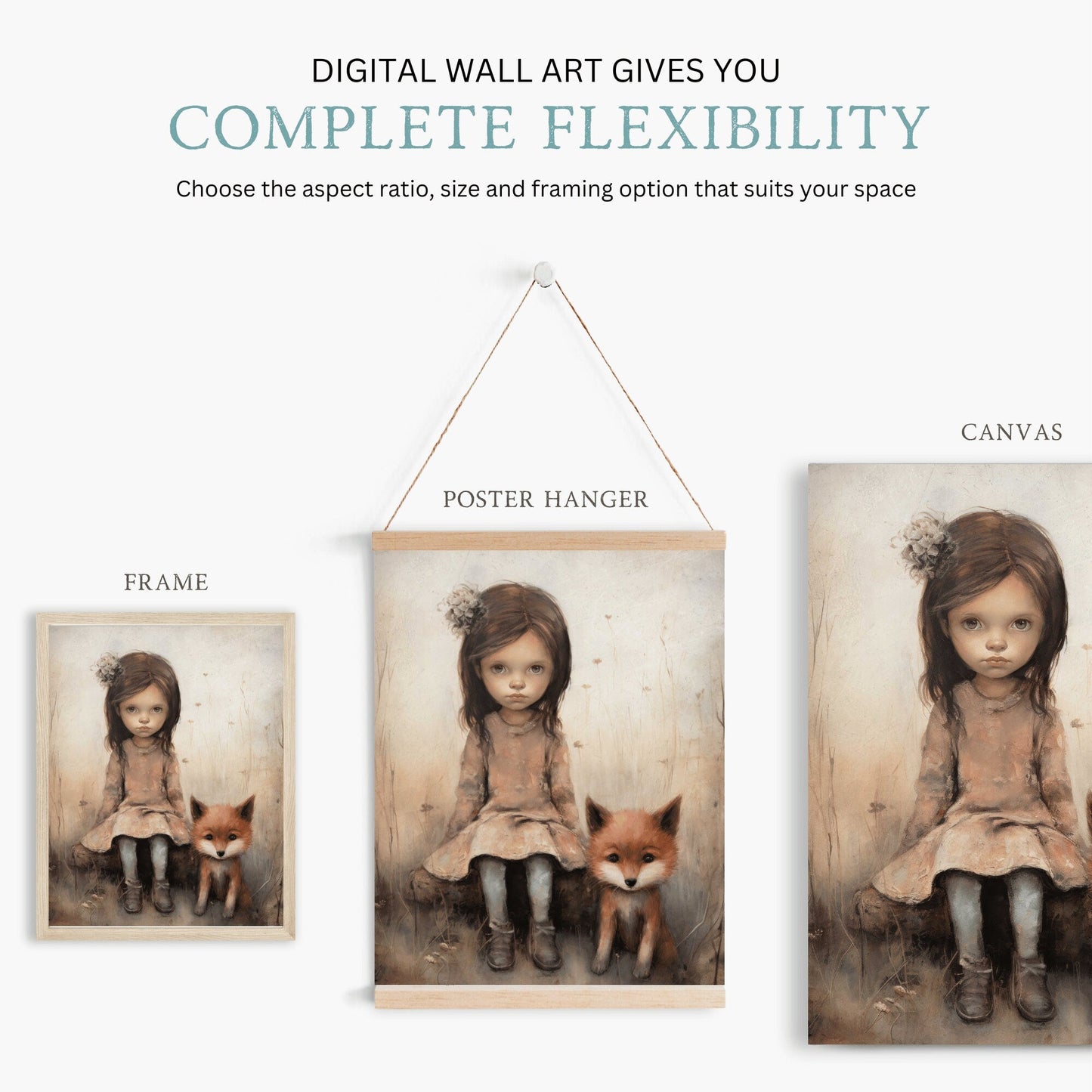 Vintage Nursery Wall Art, Fox Decor, Little Girl and Fox Print, Forest Animal Decor - WildfieldPrints