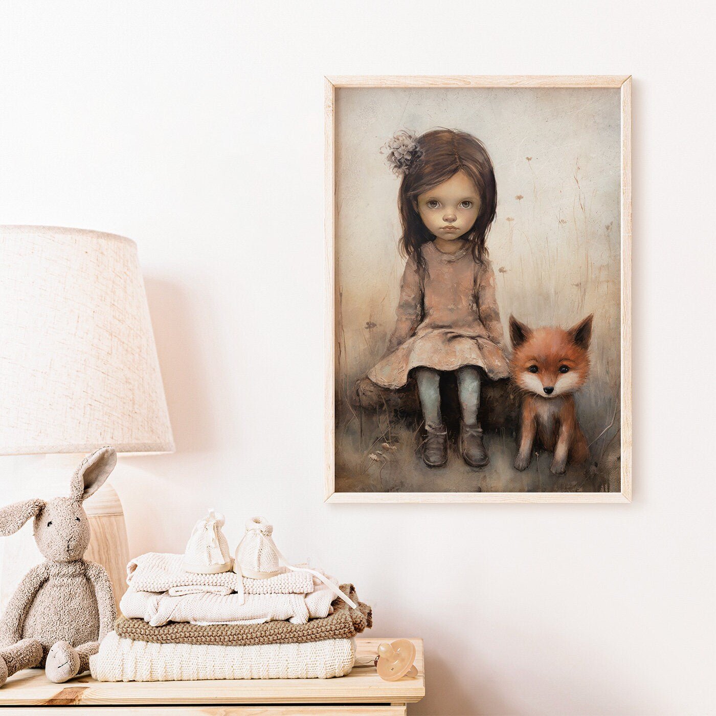 Vintage Nursery Wall Art, Fox Decor, Little Girl and Fox Print, Forest Animal Decor - WildfieldPrints