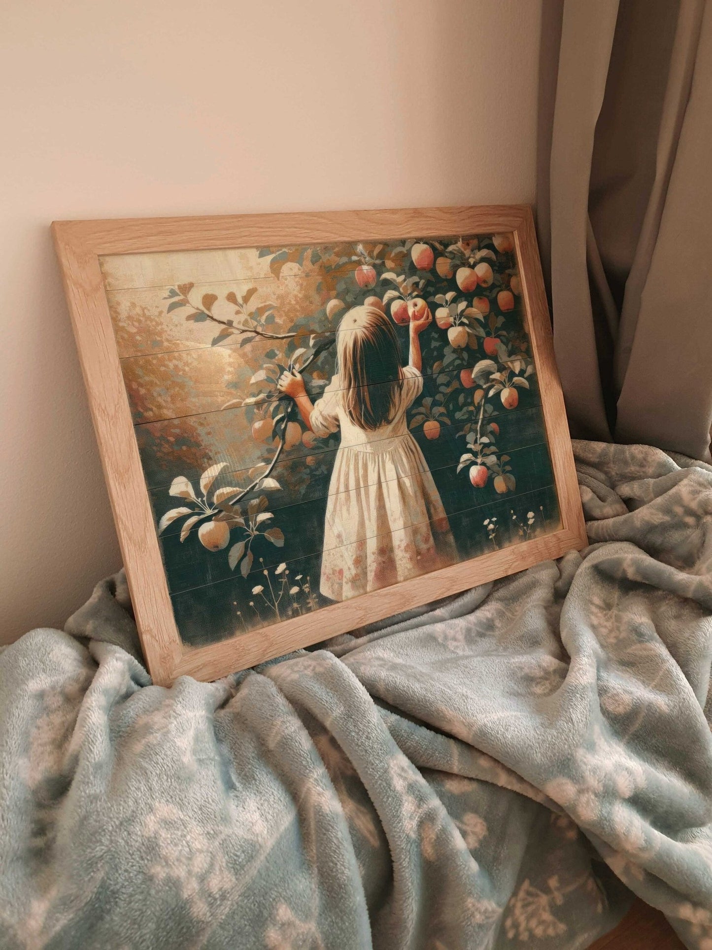 Vintage Nursery Wall Art, Girl Picking Apples Print, Farmhouse Decor - WildfieldPrints