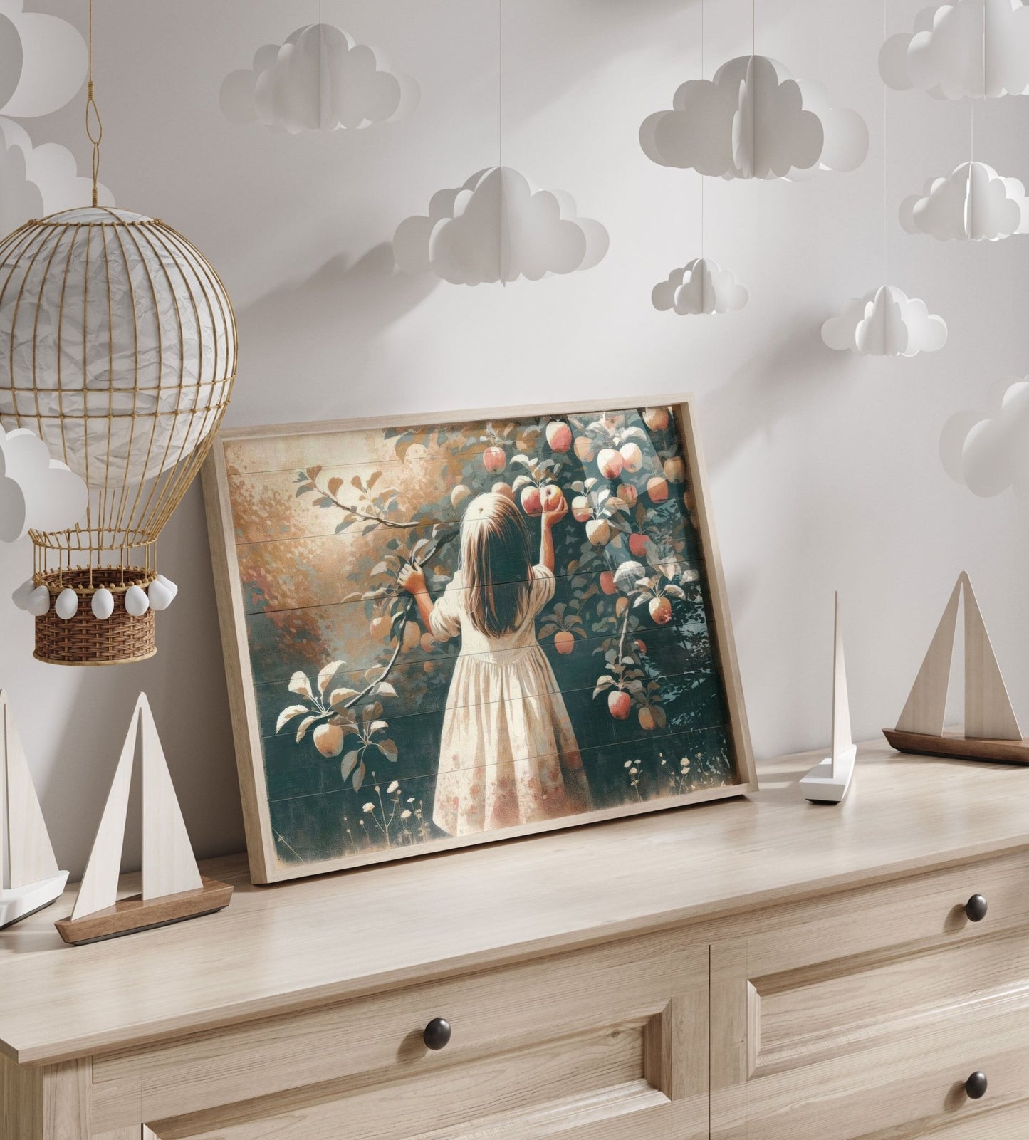 Vintage Nursery Wall Art, Girl Picking Apples Print, Farmhouse Decor - WildfieldPrints