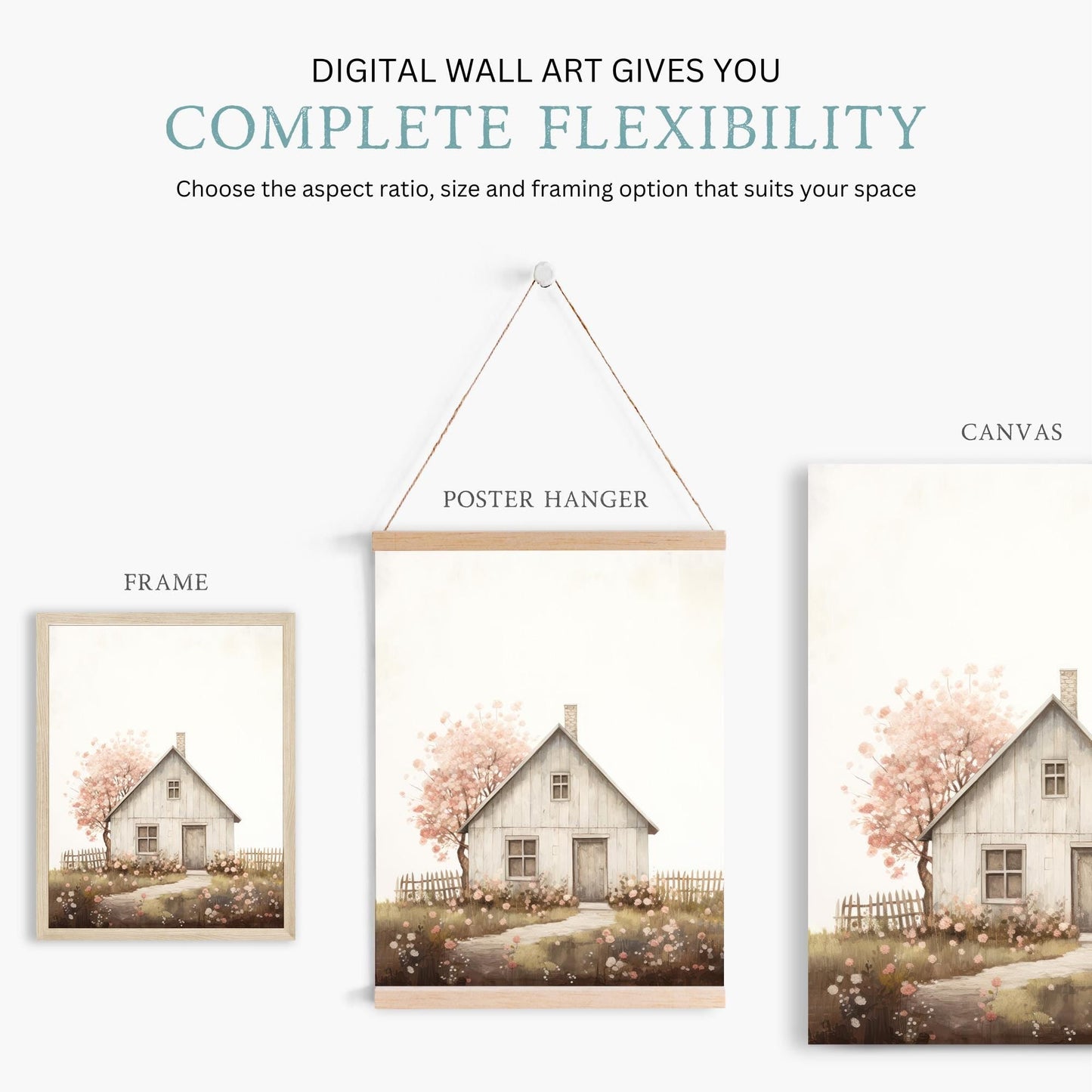Vintage Old House Painting, Cherry Blossom Tree, Farmhouse Wall Art - WildfieldPrints