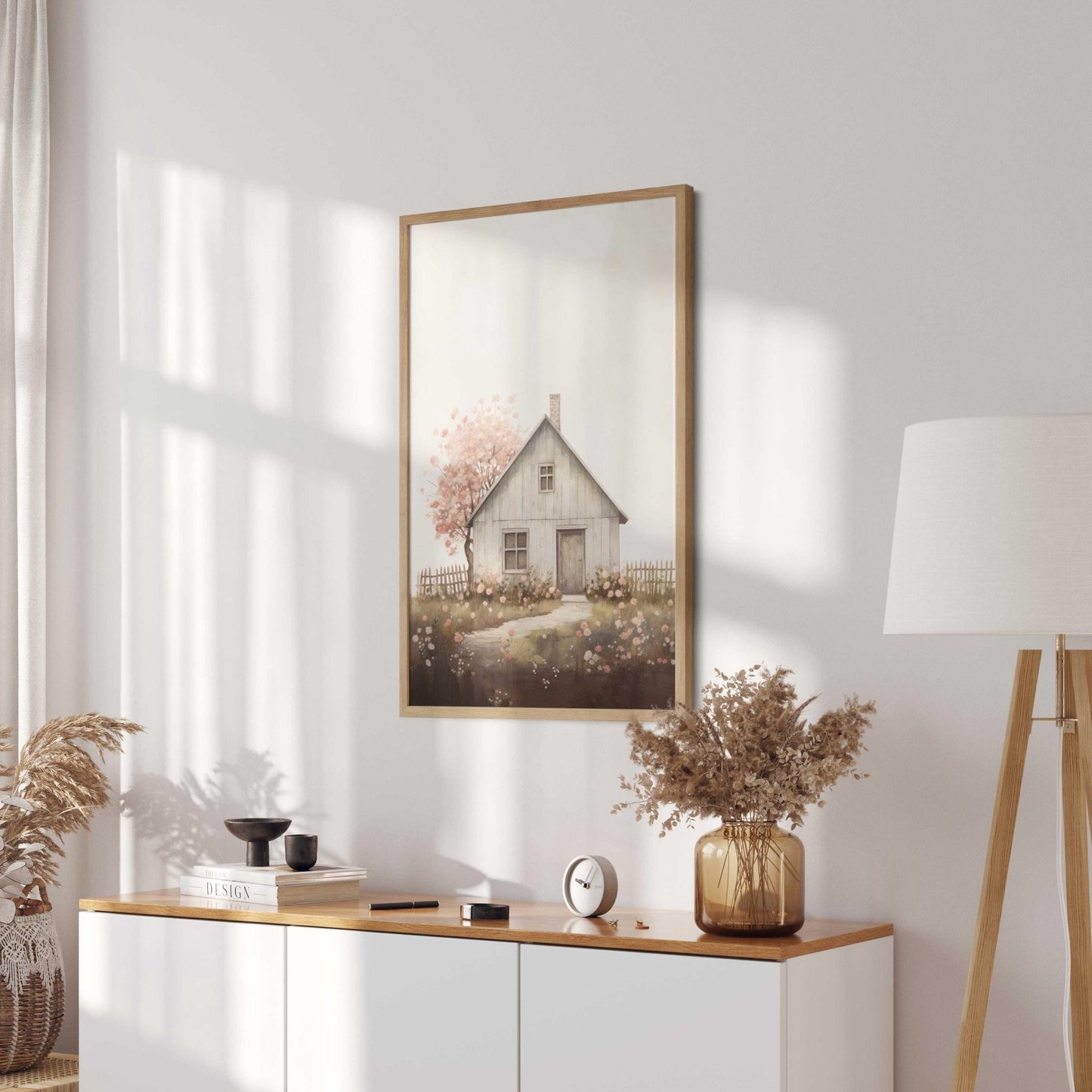 Vintage Old House Painting, Cherry Blossom Tree, Farmhouse Wall Art - WildfieldPrints