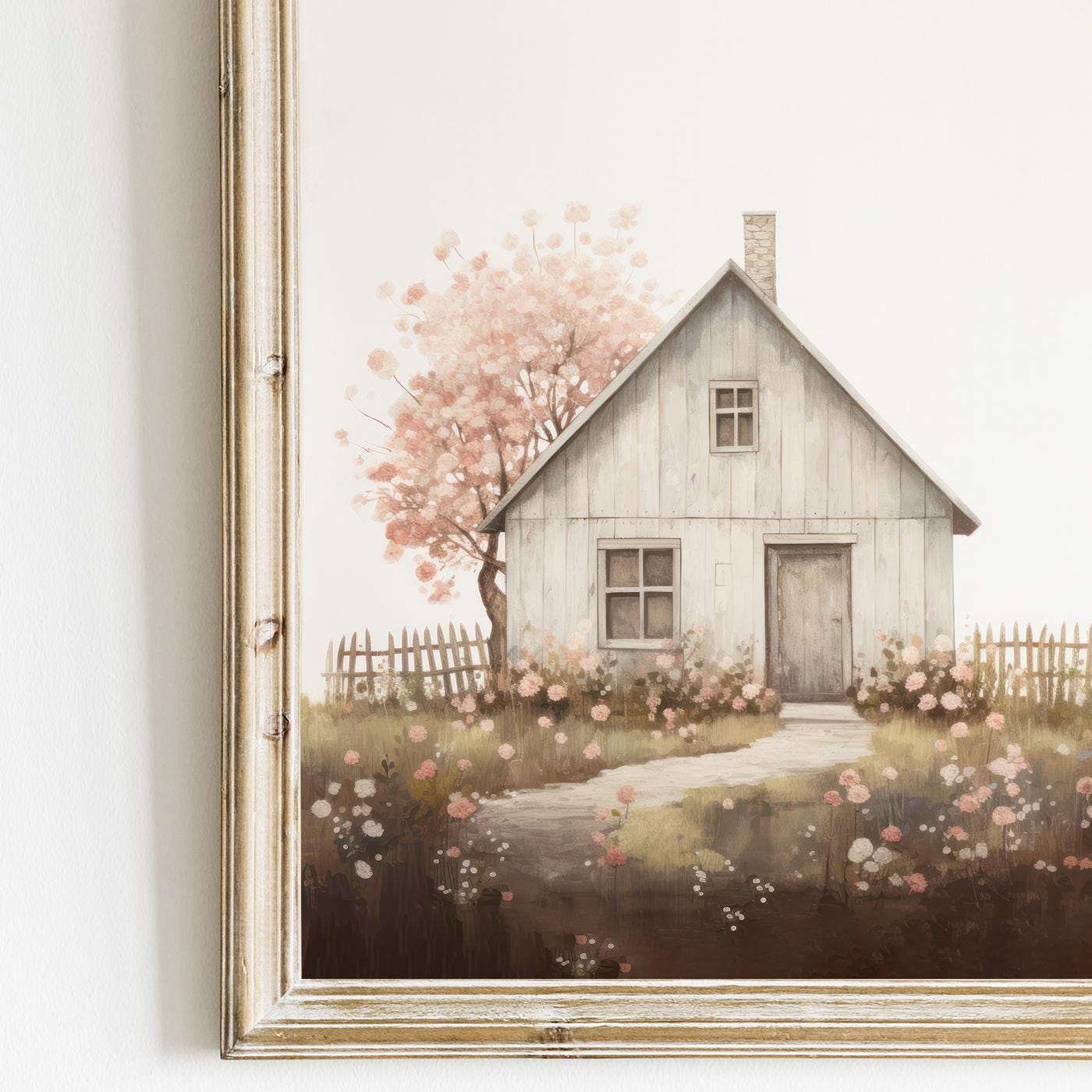 Vintage Old House Painting, Cherry Blossom Tree, Farmhouse Wall Art - WildfieldPrints