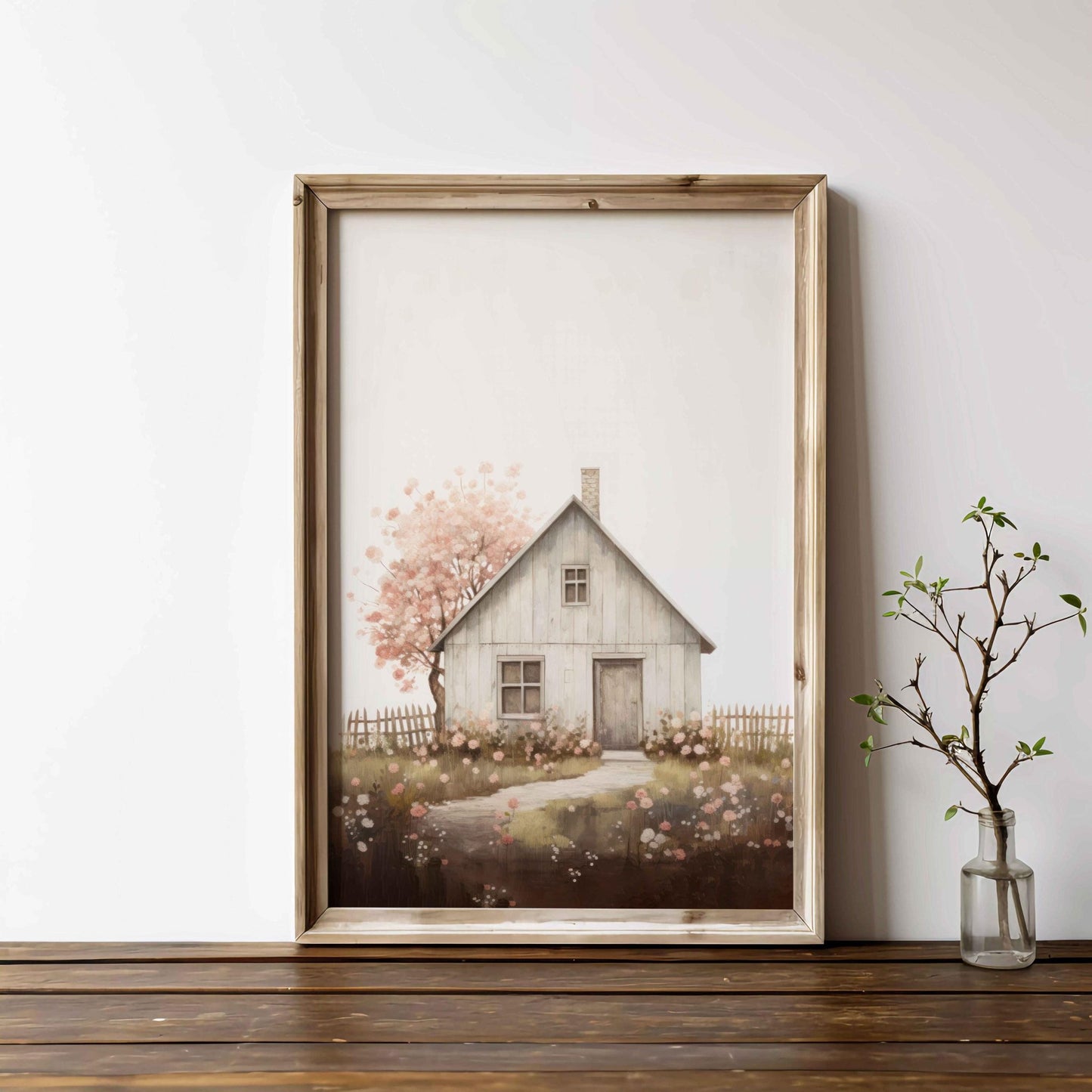 Vintage Old House Painting, Cherry Blossom Tree, Farmhouse Wall Art - WildfieldPrints