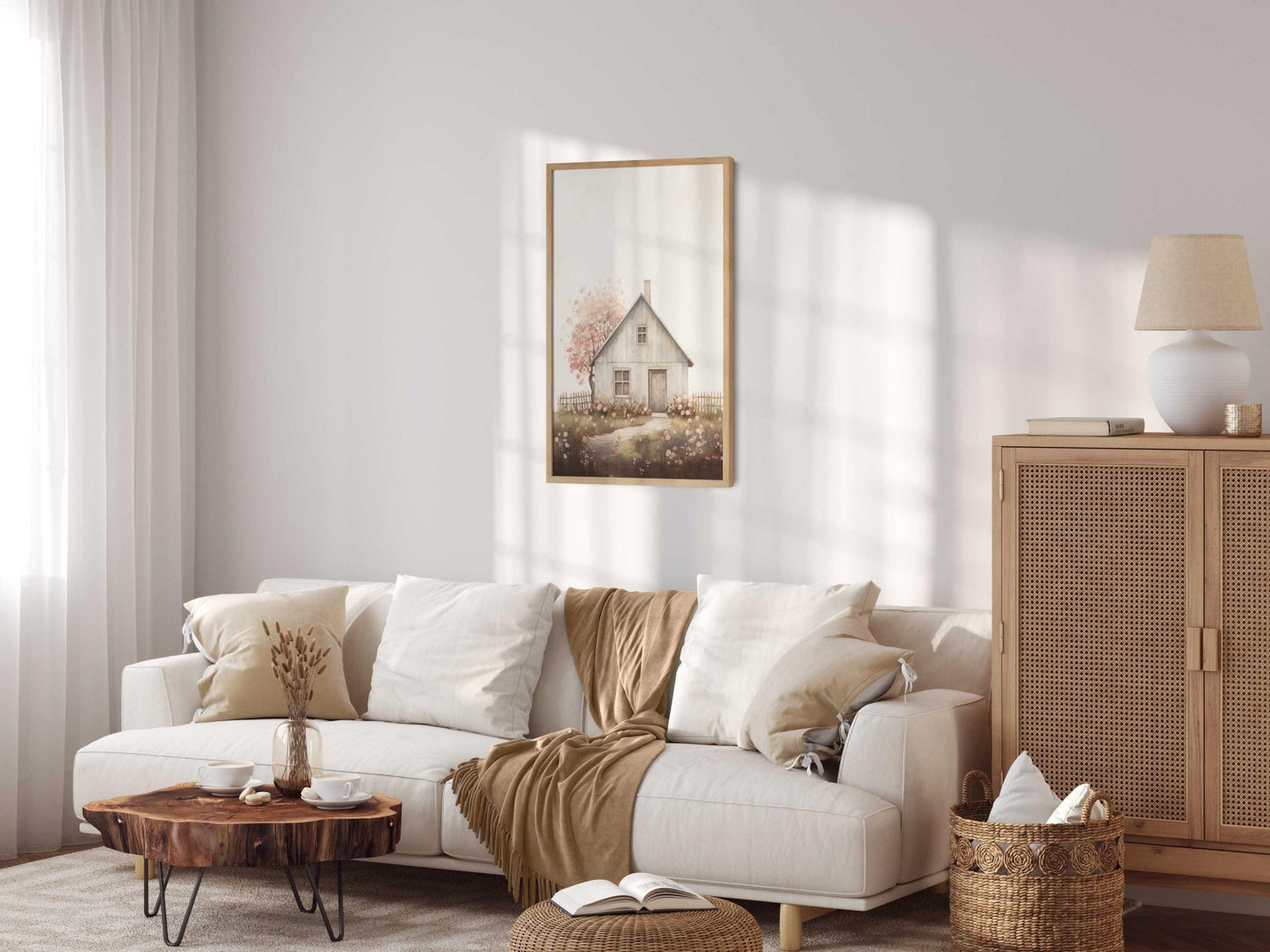 Vintage Old House Painting, Cherry Blossom Tree, Farmhouse Wall Art - WildfieldPrints
