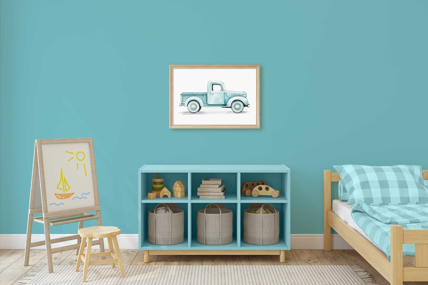 Vintage Pickup Truck Print, Car Nursery Decor, Teal Kids Room Art - WildfieldPrints