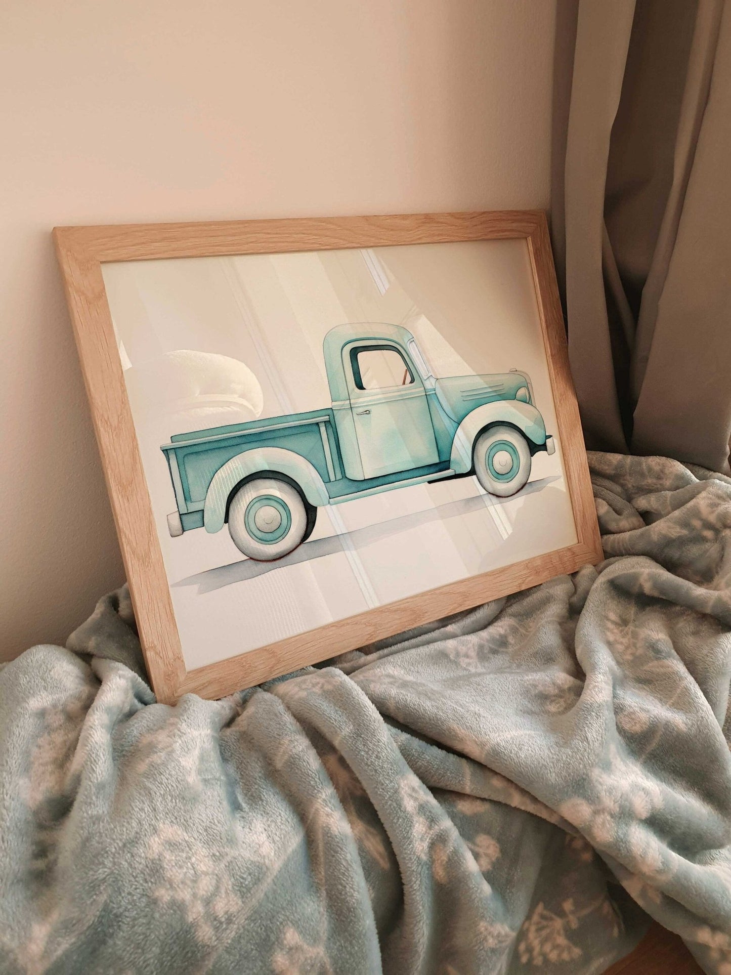 Vintage Pickup Truck Print, Car Nursery Decor, Teal Kids Room Art - WildfieldPrints