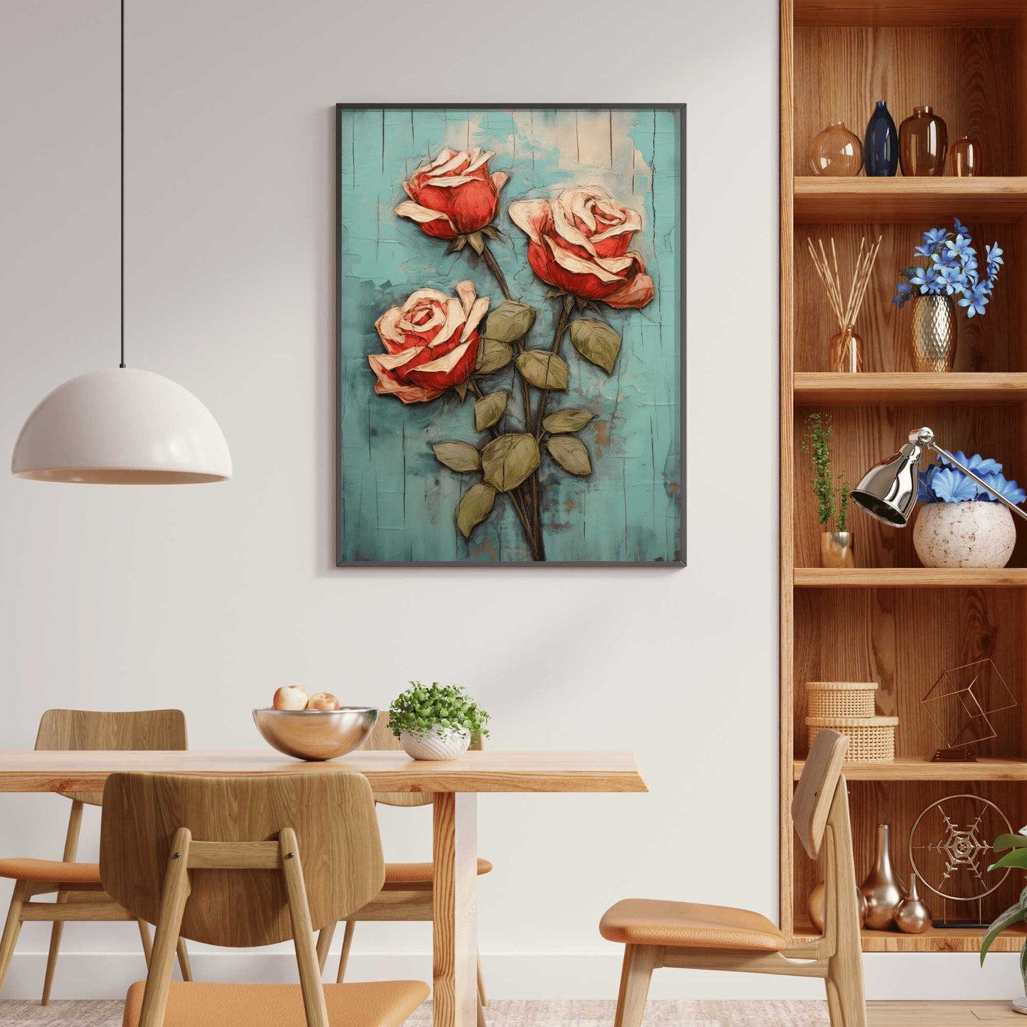 Vintage Red Rose Print, Floral Wall Decor, Flower Bouquet Art, Teal and Red Home Accent - WildfieldPrints