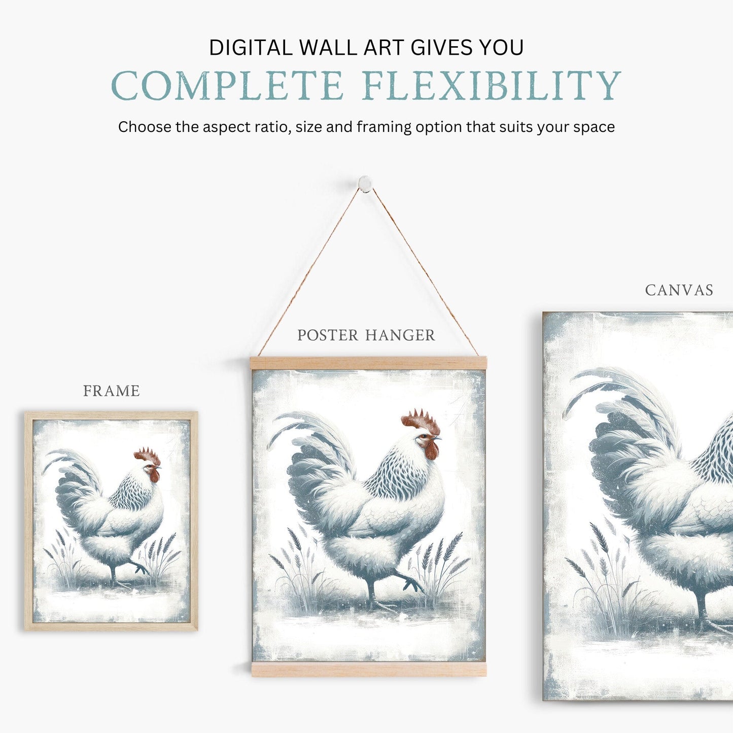 Vintage Rooster Art Print, Farmhouse Wall Decor, Farm Animal Decor - WildfieldPrints