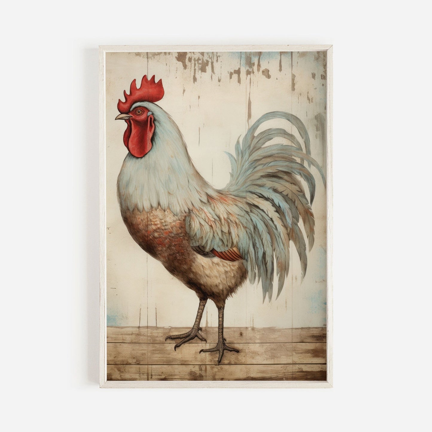 Vintage Rooster Portrait, Rustic Farmhouse Wall Art, Unique Chicken Print - WildfieldPrints