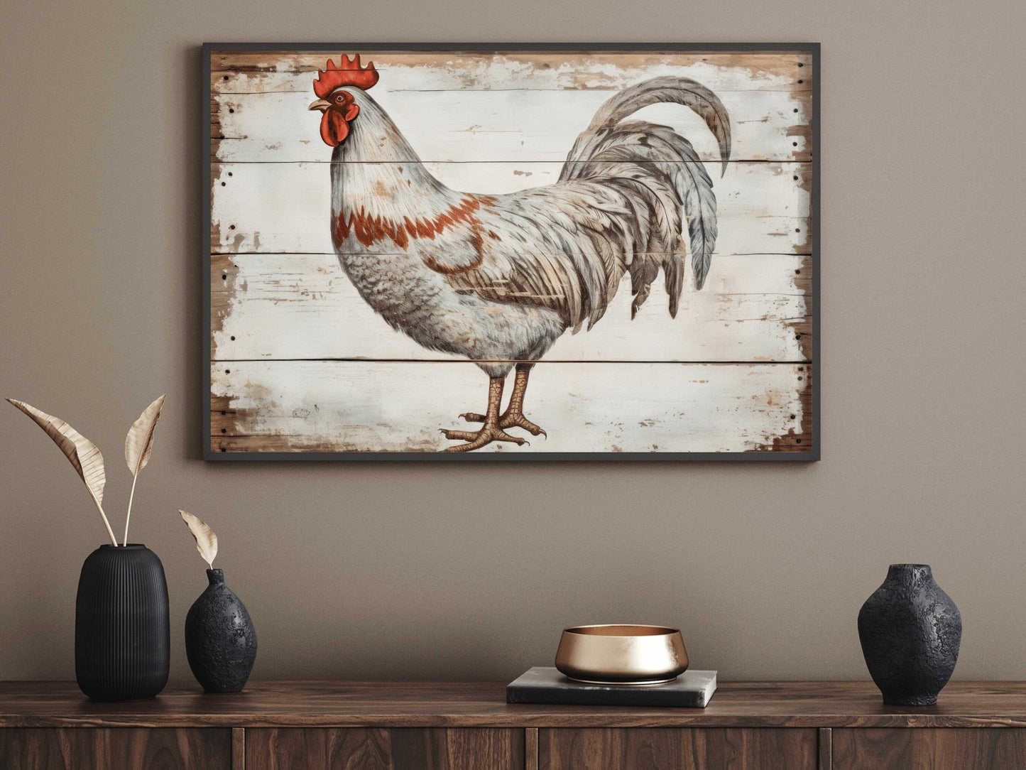 Vintage Rooster Print, Rustic Farmhouse Wall Decor, Chicken Artwork - WildfieldPrints