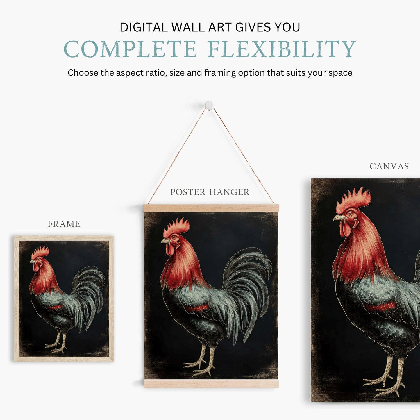 Vintage Rooster Wall Art, Rustic Farmhouse Decor, Farm Animal Painting - WildfieldPrints