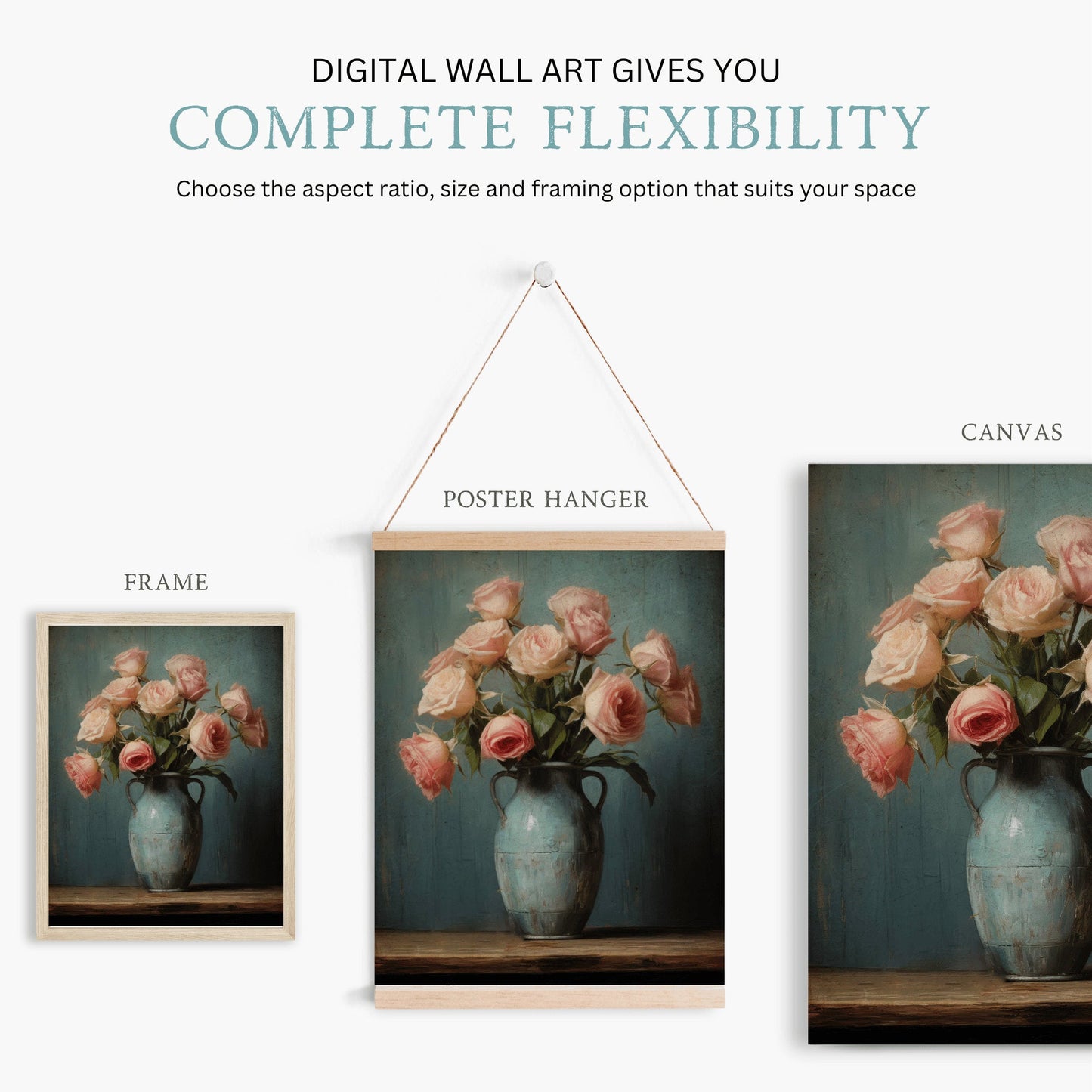 Vintage Rose Wall Art, Rustic Floral Print, Flower Home Decor - WildfieldPrints