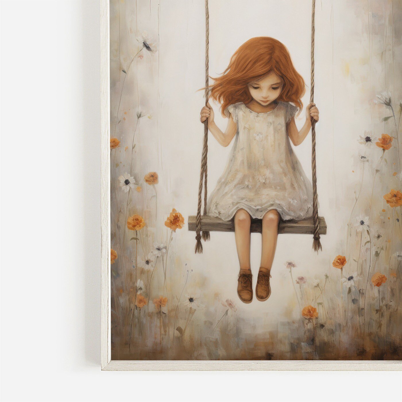 Vintage Rustic Nursery Art, Little Girl on Swing, Girls Room Decor - WildfieldPrints