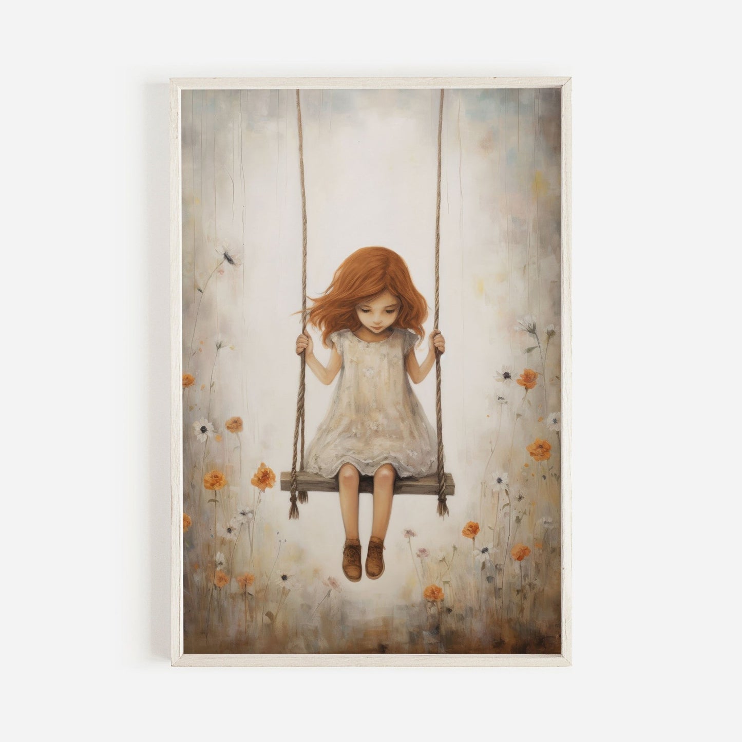 Vintage Rustic Nursery Art, Little Girl on Swing, Girls Room Decor - WildfieldPrints