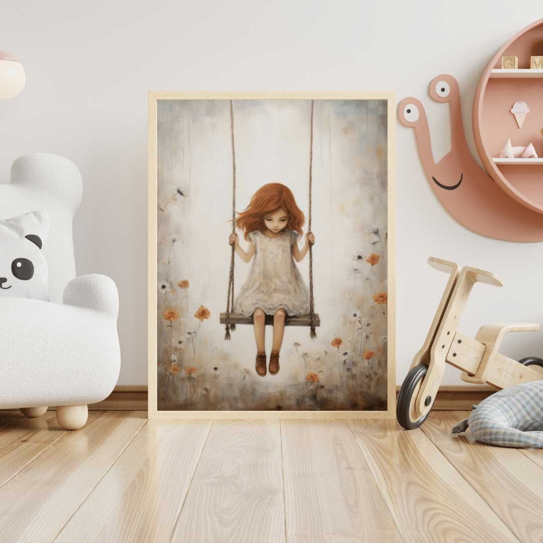 Vintage Rustic Nursery Art, Little Girl on Swing, Girls Room Decor - WildfieldPrints
