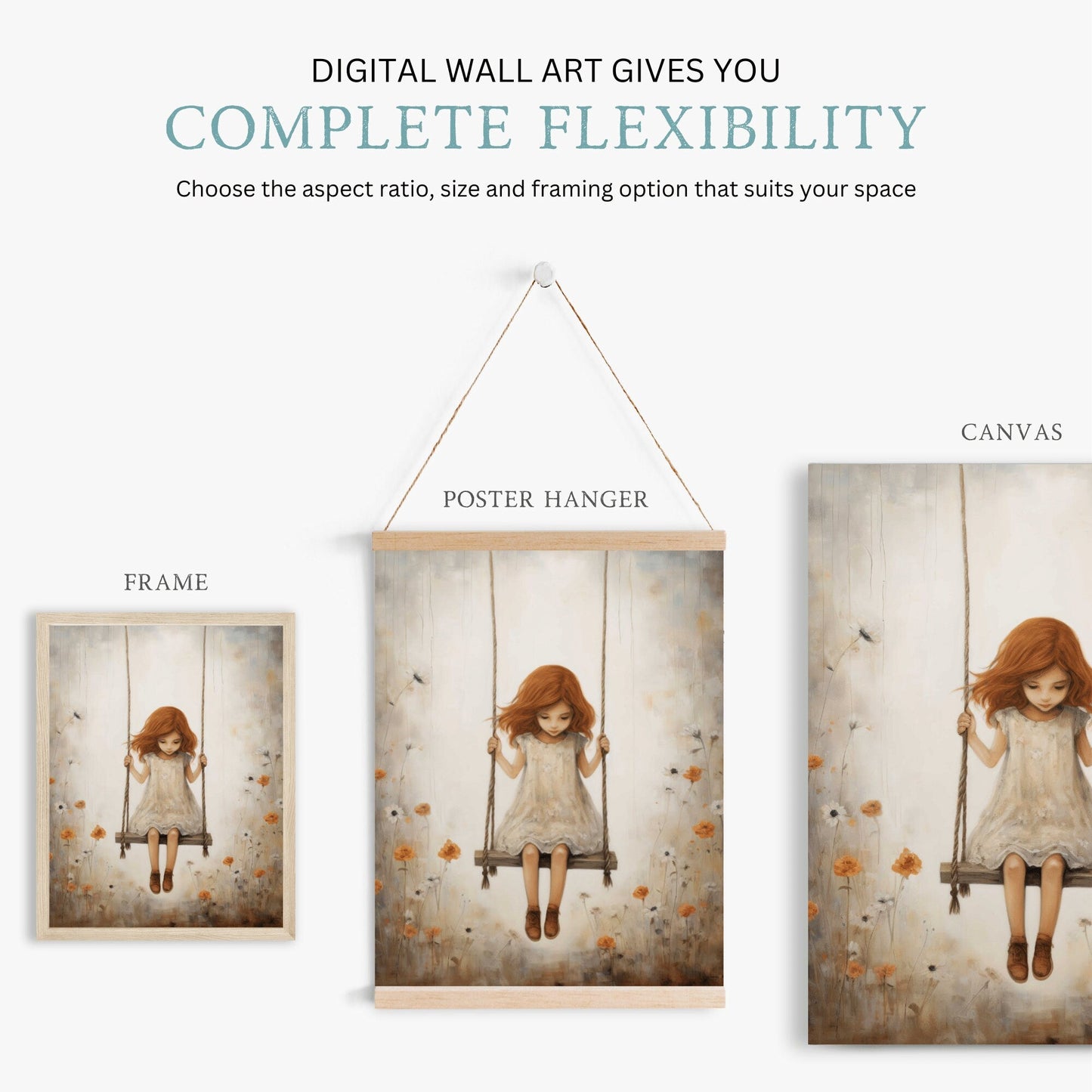 Vintage Rustic Nursery Art, Little Girl on Swing, Girls Room Decor - WildfieldPrints