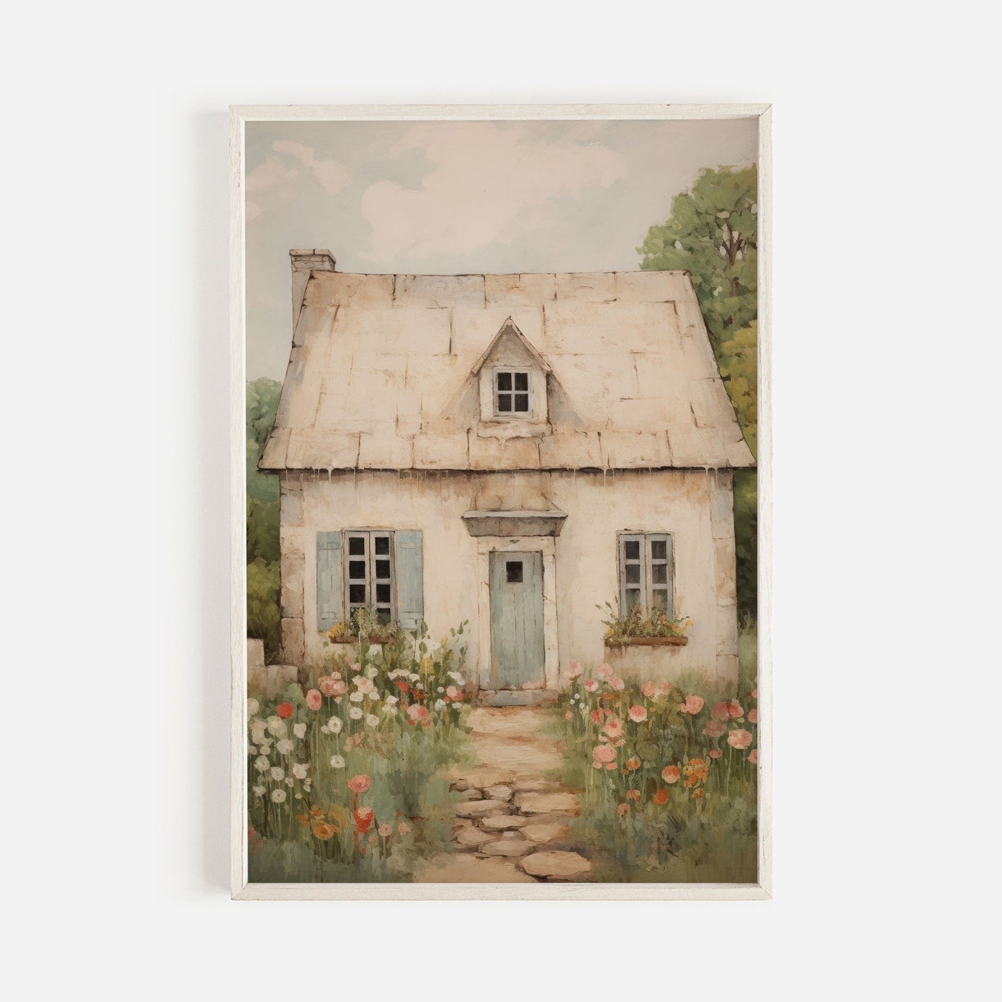 Vintage Stone House Print, French Countryside Painting, Rustic Farmhouse Decor - WildfieldPrints