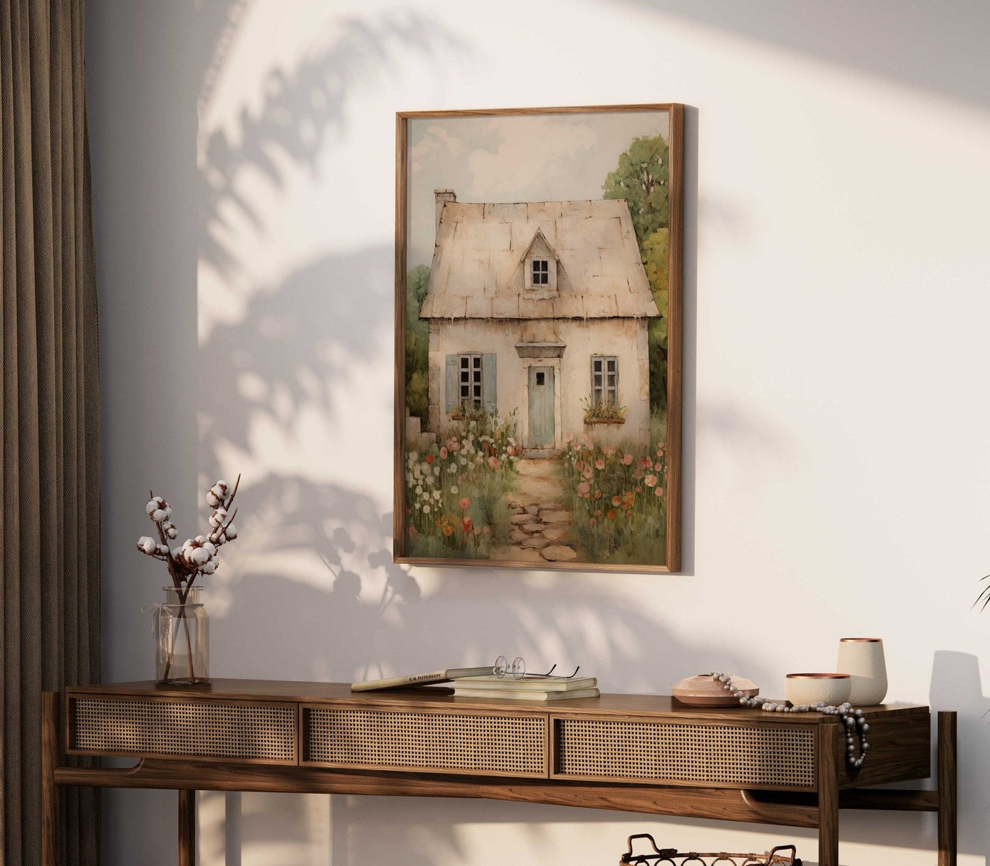 Vintage Stone House Print, French Countryside Painting, Rustic Farmhouse Decor - WildfieldPrints