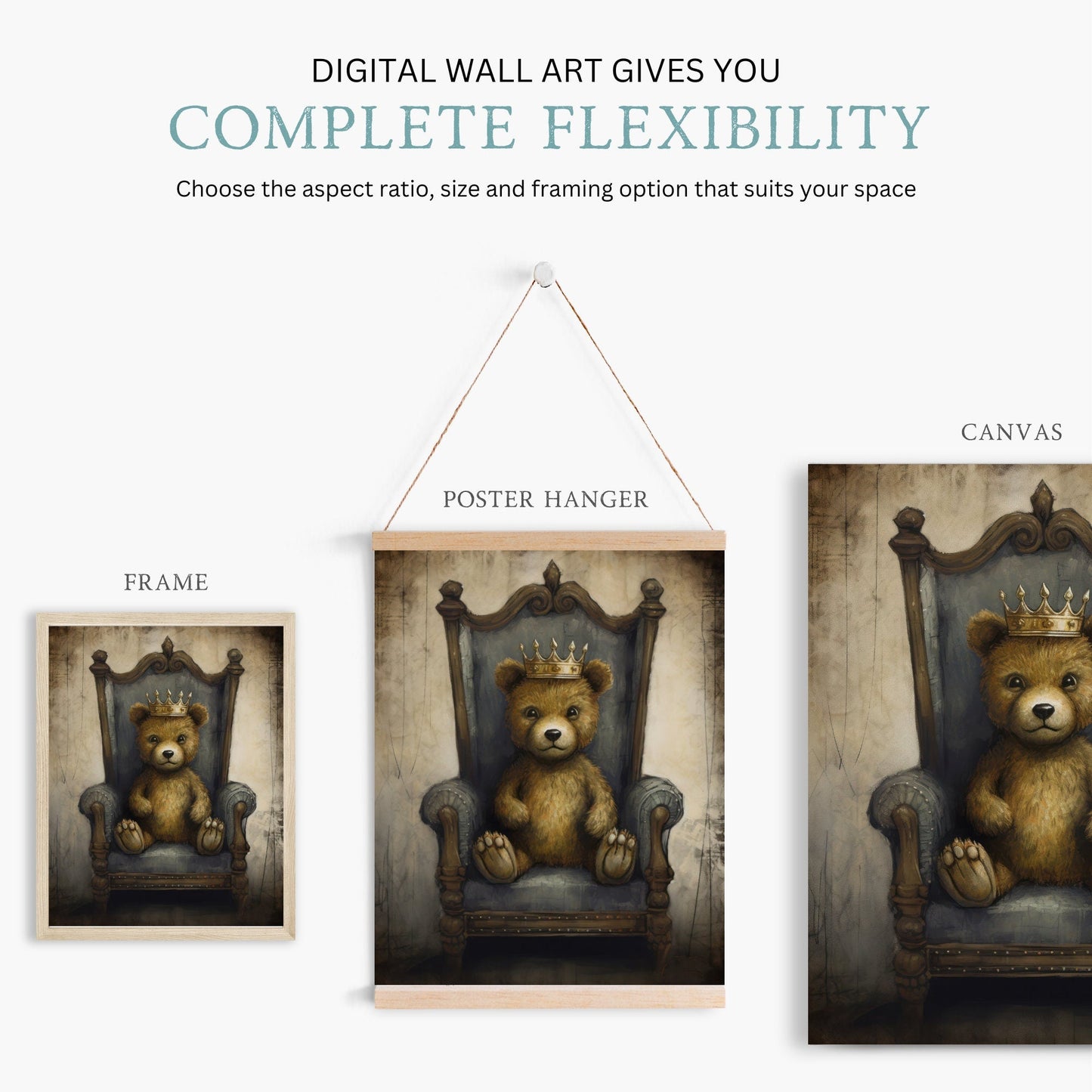 Vintage Teddy Bear Nursery Print, Royal Kids Room Decor - WildfieldPrints