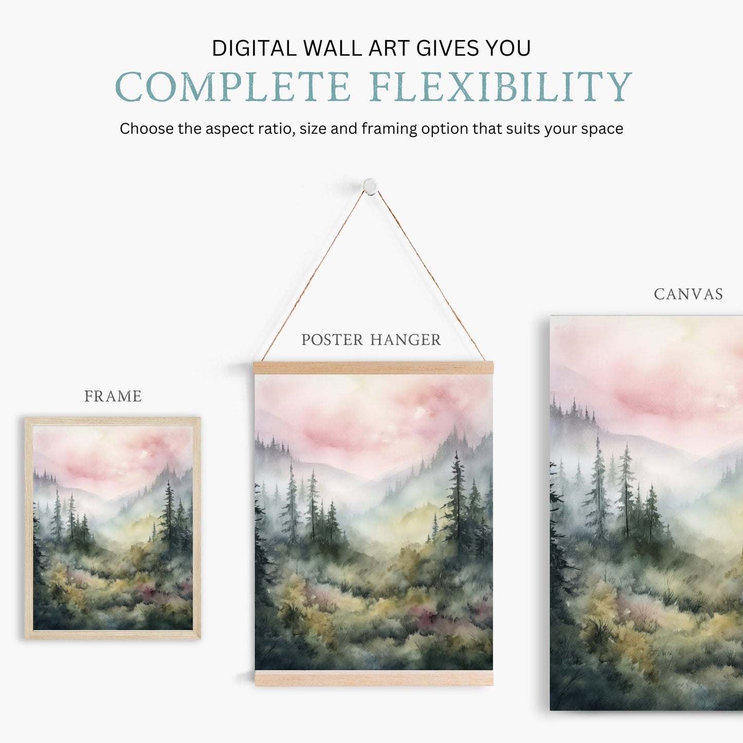 Watercolor Forest Wall Decor, Nature Print, Pine Forest & Misty Mountains - WildfieldPrints