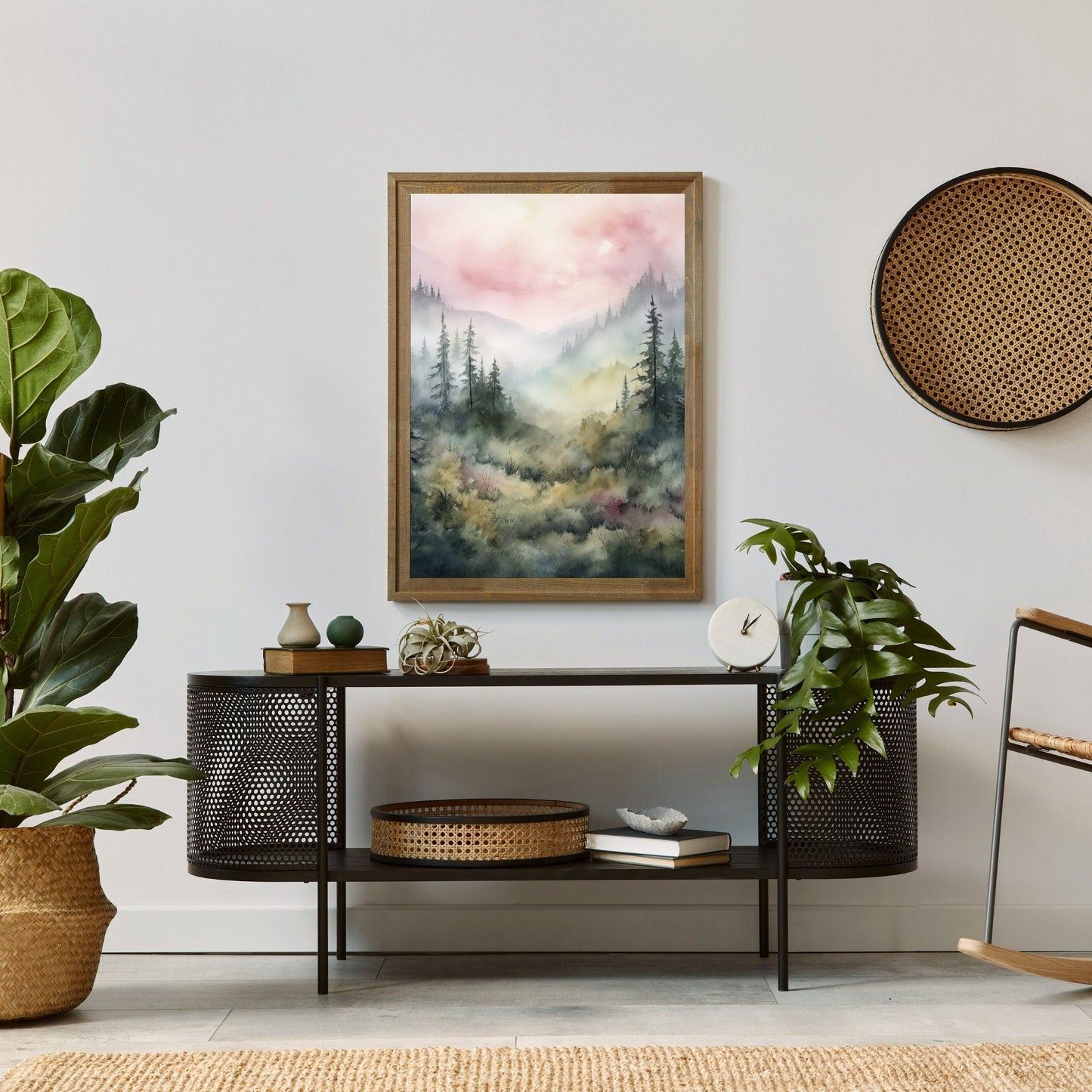 Watercolor Forest Wall Decor, Nature Print, Pine Forest & Misty Mountains - WildfieldPrints
