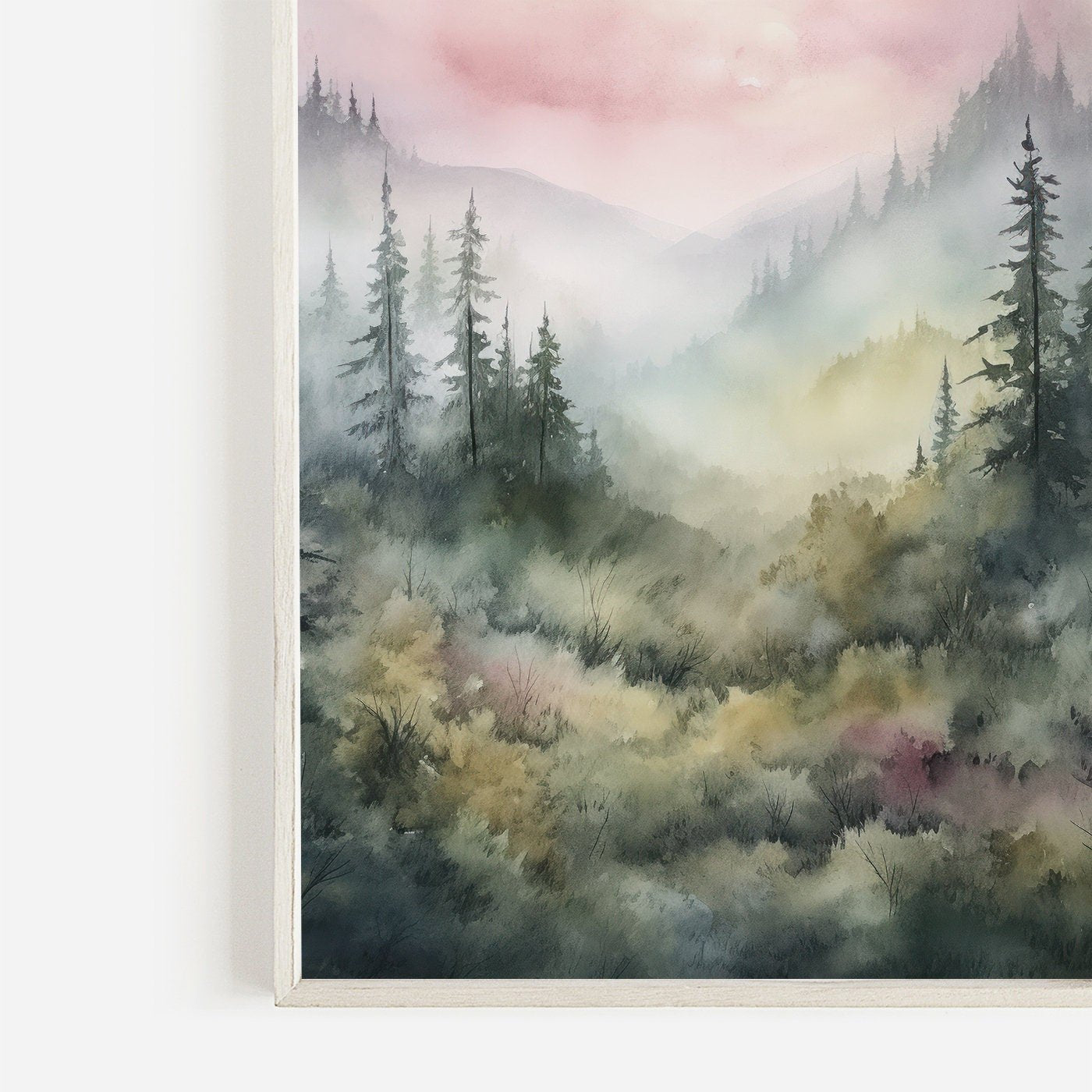 Watercolor Forest Wall Decor, Nature Print, Pine Forest & Misty Mountains - WildfieldPrints