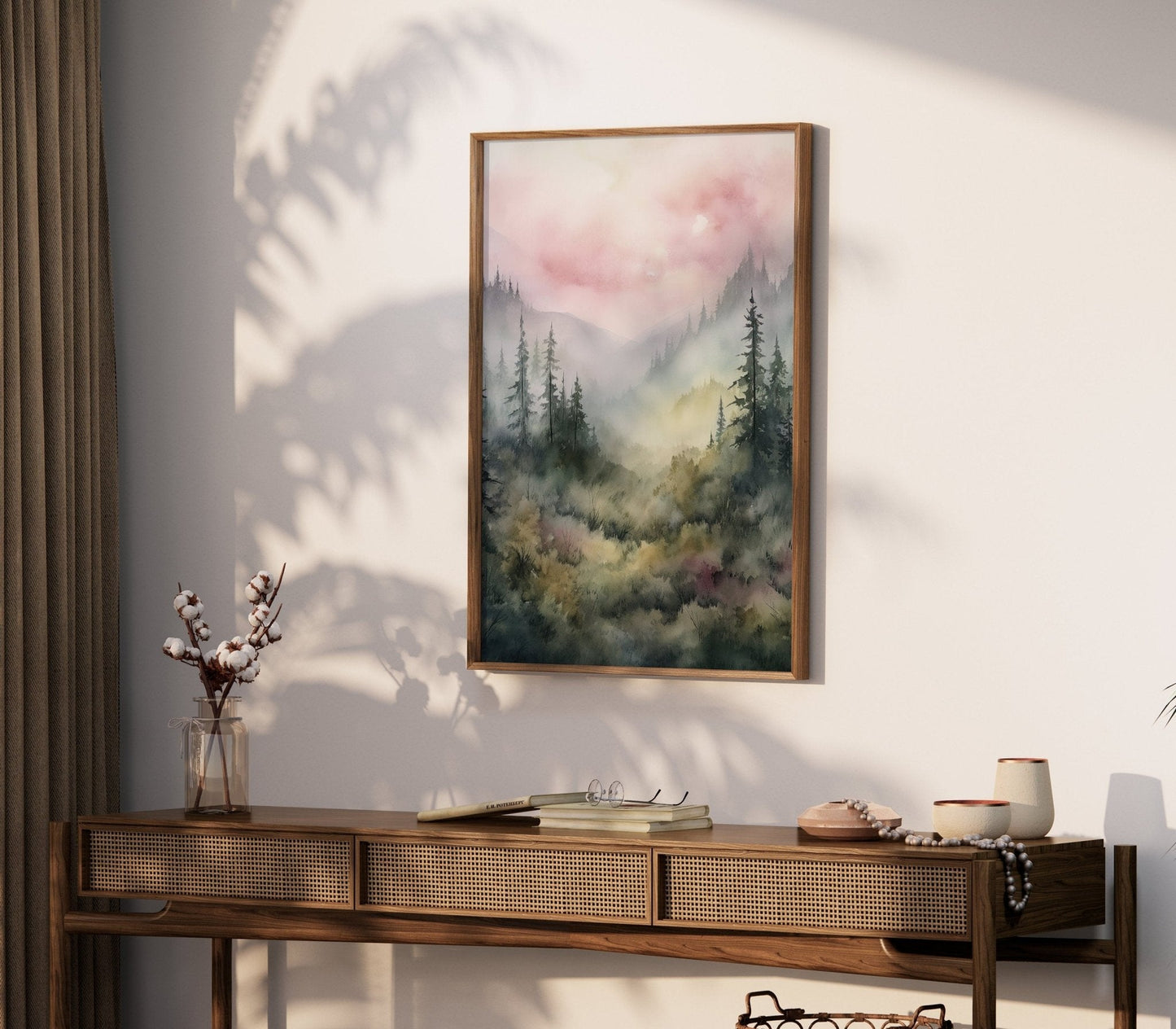 Watercolor Forest Wall Decor, Nature Print, Pine Forest & Misty Mountains - WildfieldPrints