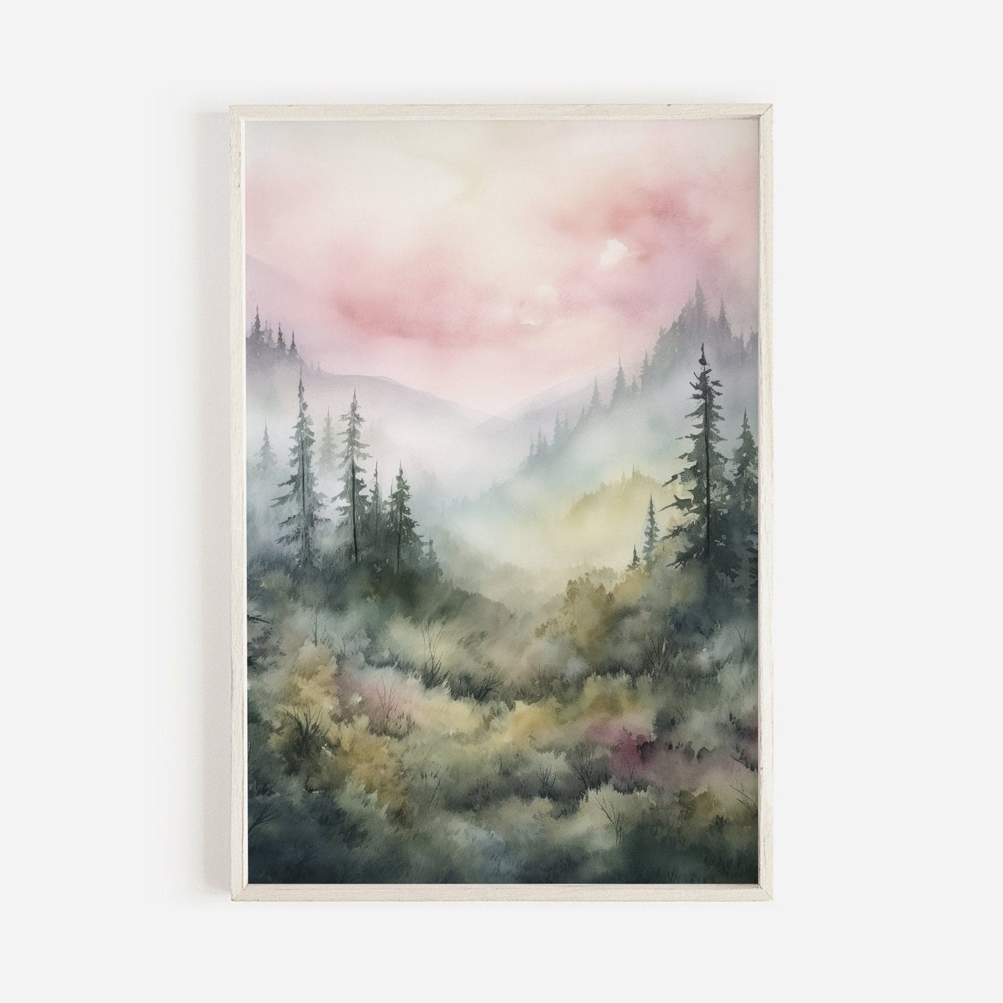 Watercolor Forest Wall Decor, Nature Print, Pine Forest & Misty Mountains - WildfieldPrints