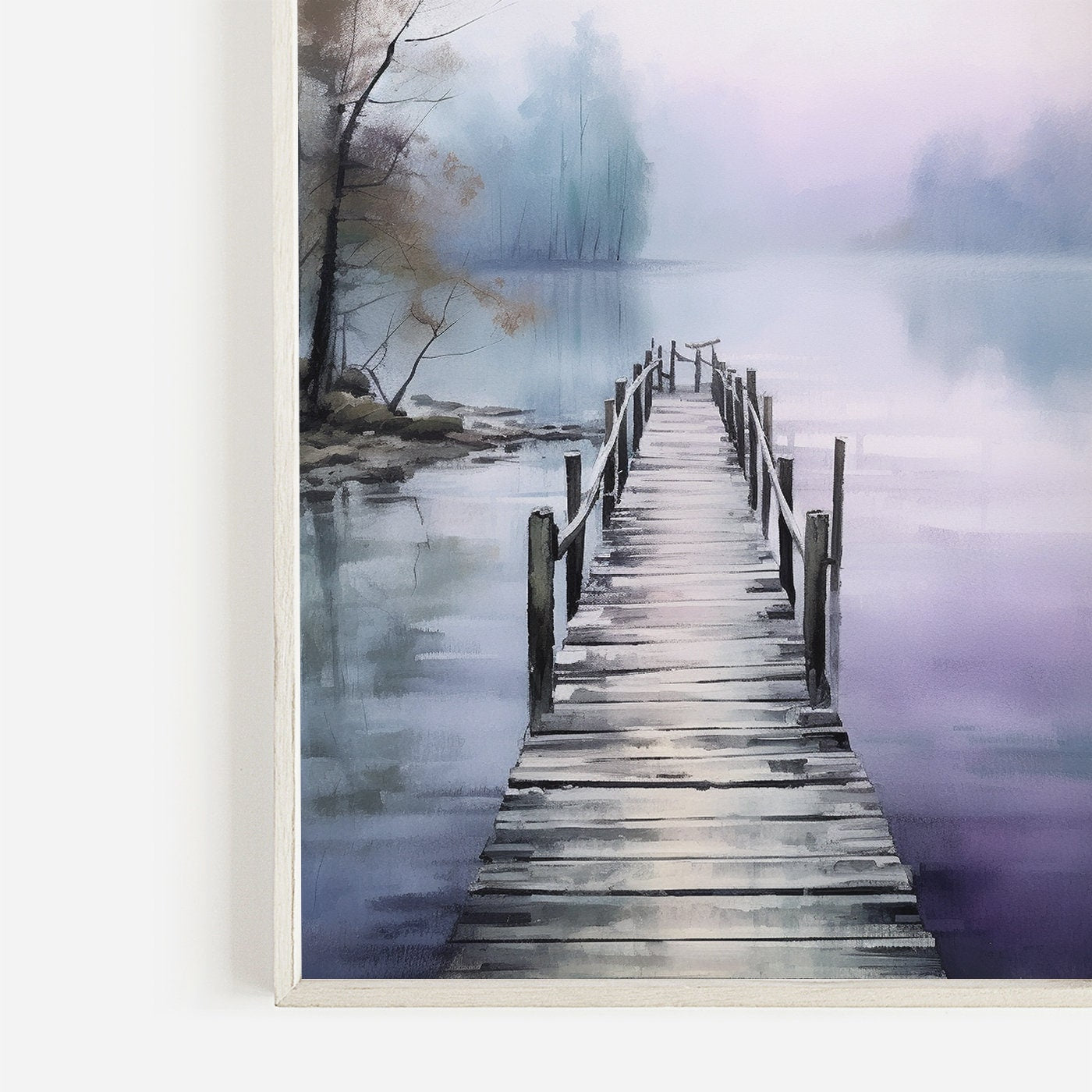 Watercolor Lake Art, Scenic Nature Decor, Purple & Blue Landscape - WildfieldPrints