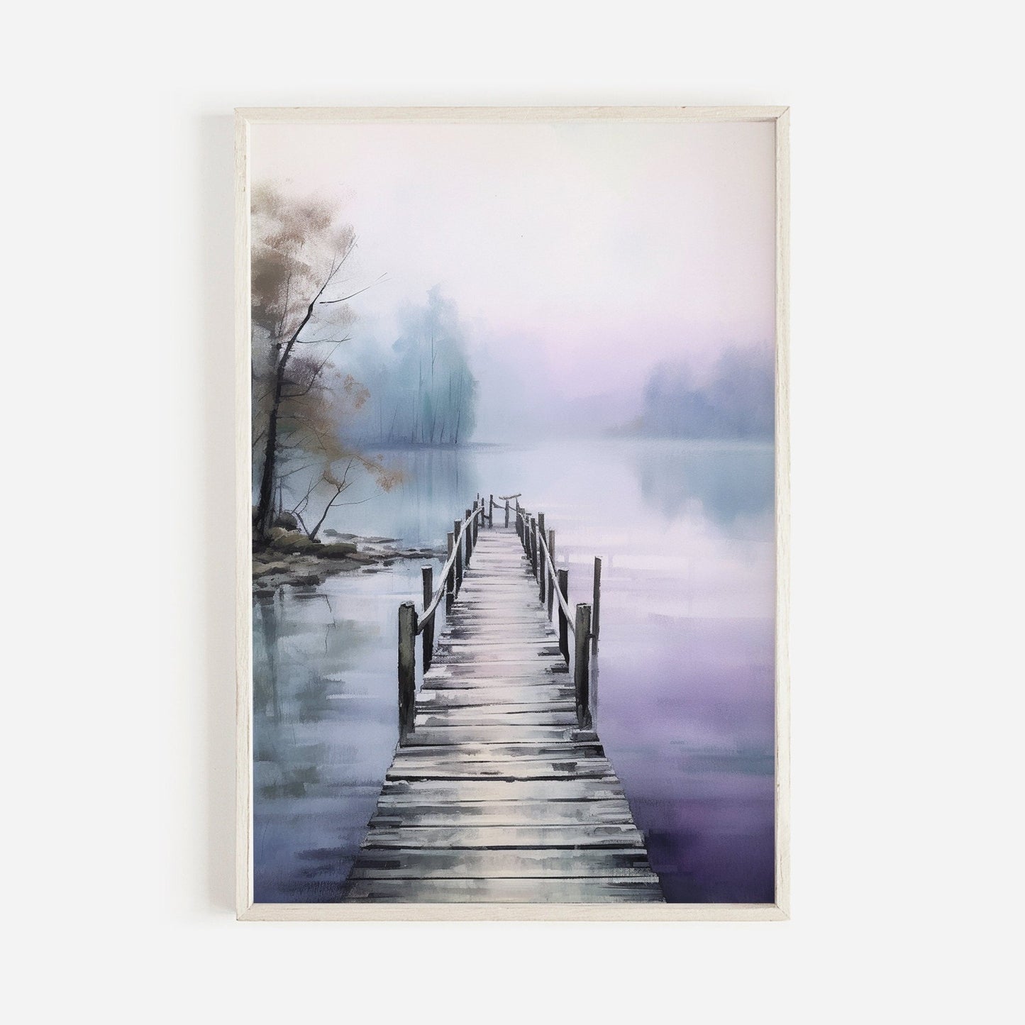 Watercolor Lake Art, Scenic Nature Decor, Purple & Blue Landscape - WildfieldPrints