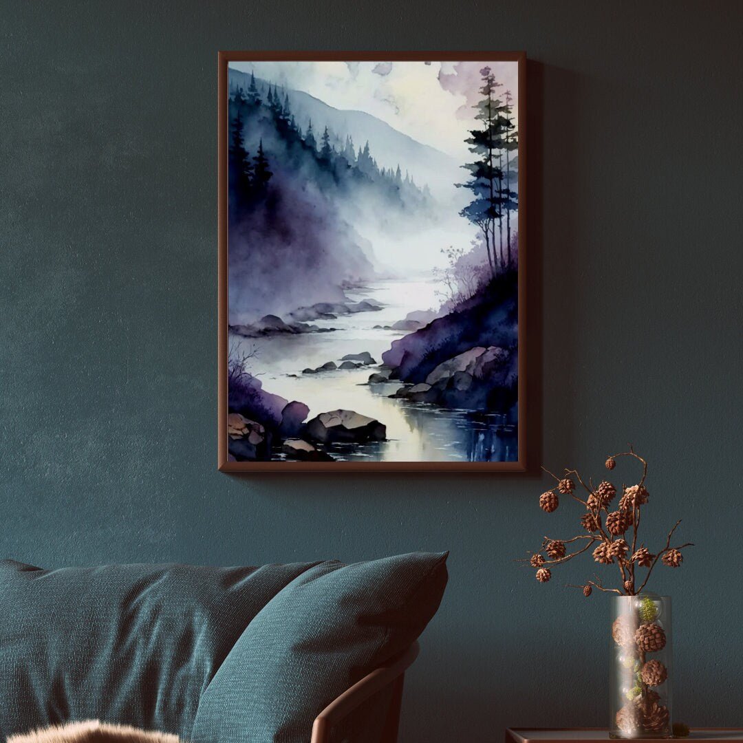 Watercolor Landscape Print, Purple Wall Decor, Moody River Art - WildfieldPrints